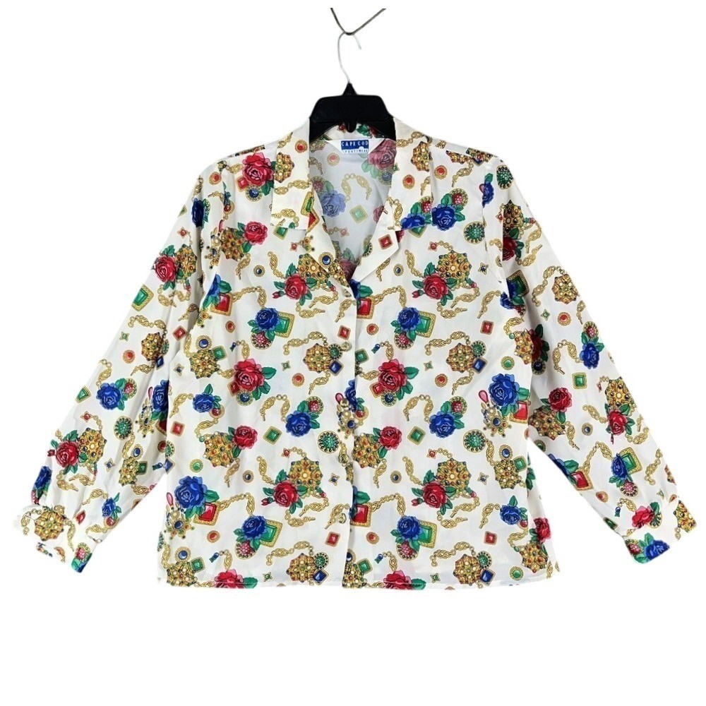 Vintage 80s Cape Cod Sportswear Top Size L Gold Button Baroque Floral Statement
