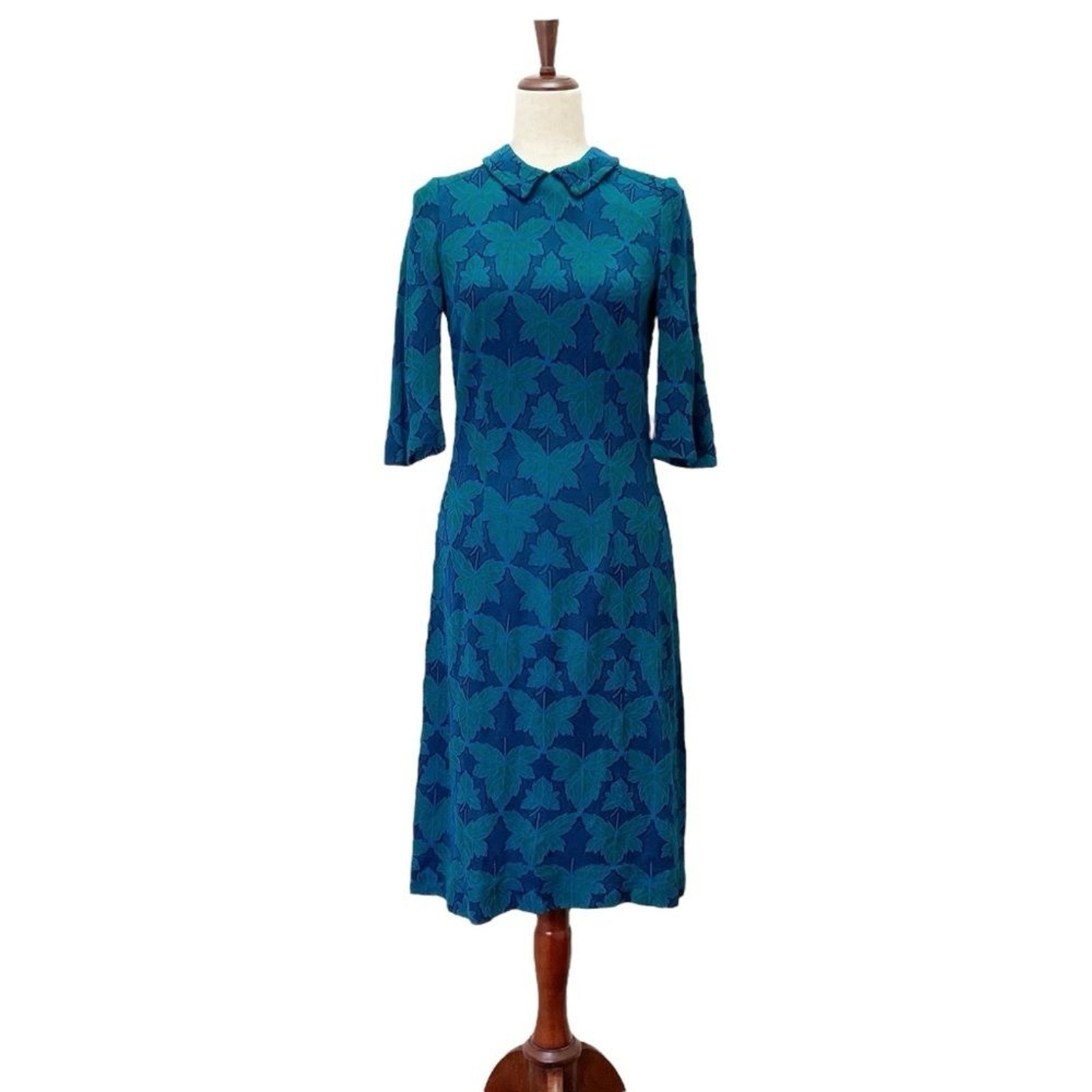 Vintage 1960s Jean Lang Original Blue Green Jacquard Leaf Print Dress Mod A-Line