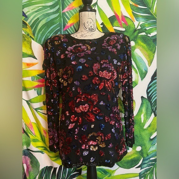 Vintage 80s Womens Party S 100% Silk Black Red Pink Floral Beaded Sequin Blouse