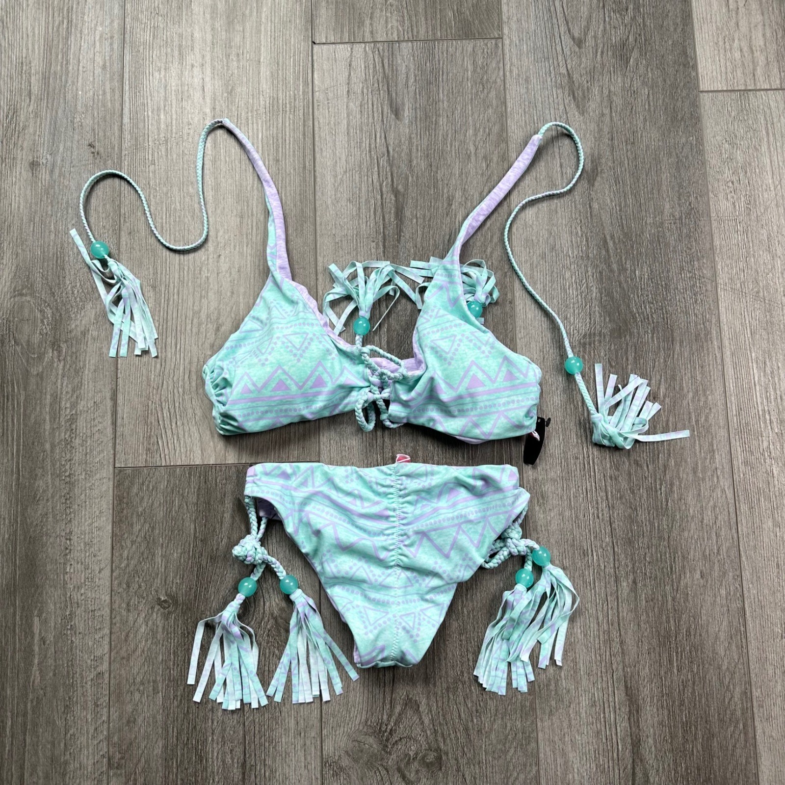 NWT VS Reversible Bikini Set Purple Mint Fringe Beads Top S Bottom XS