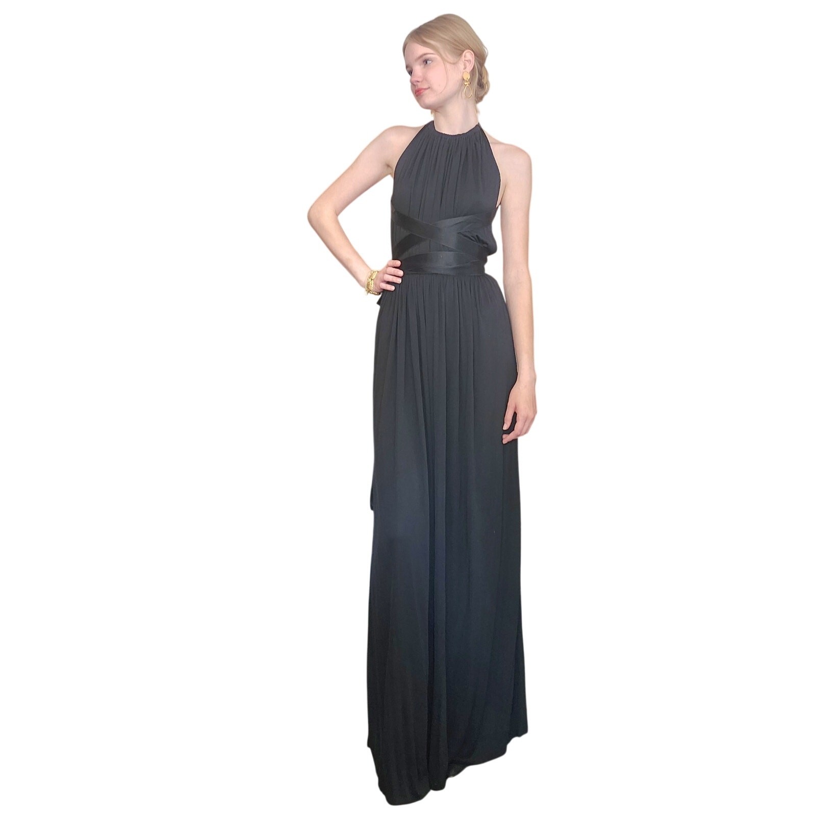 Vintage 70s Donald Brooks Eveing Dress Black Jersey Halter Maxi Gown XS/S