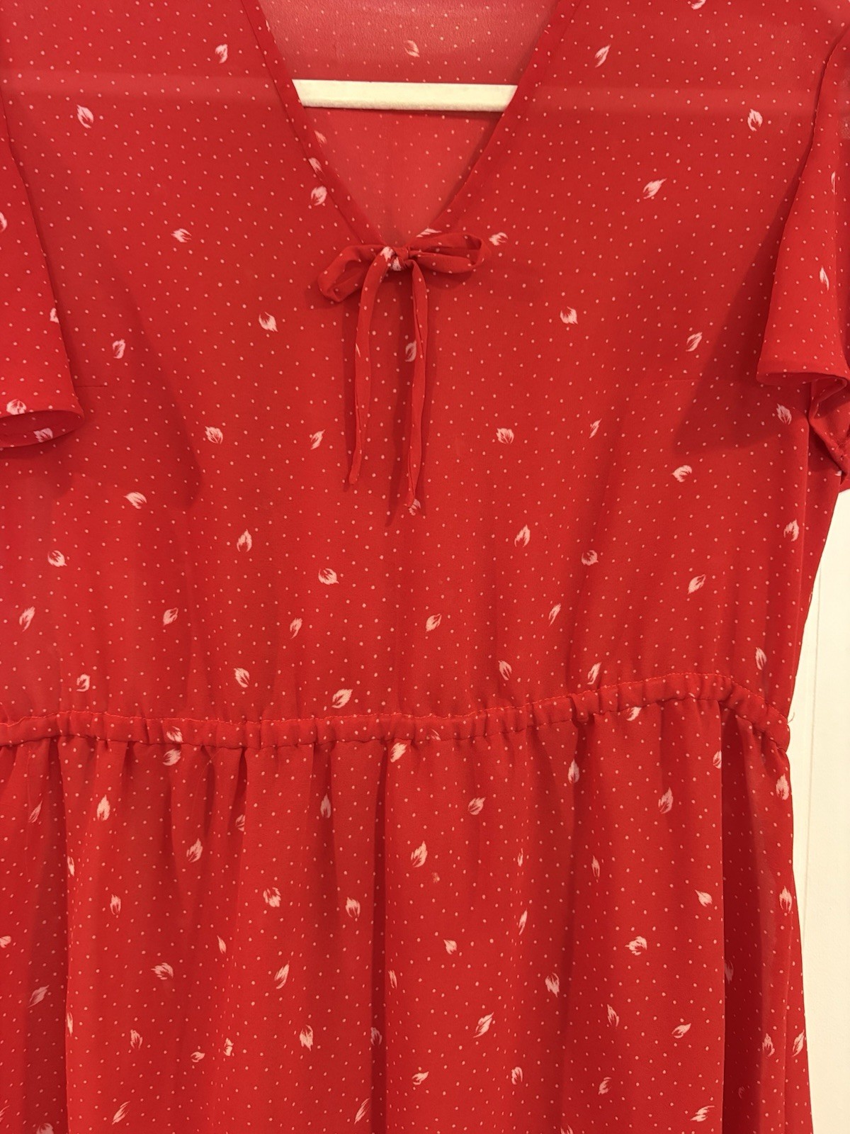 Vintage Unlabeled 70s Floral Small Poka Dot Dress Short Sleeve Red Dress Sz M