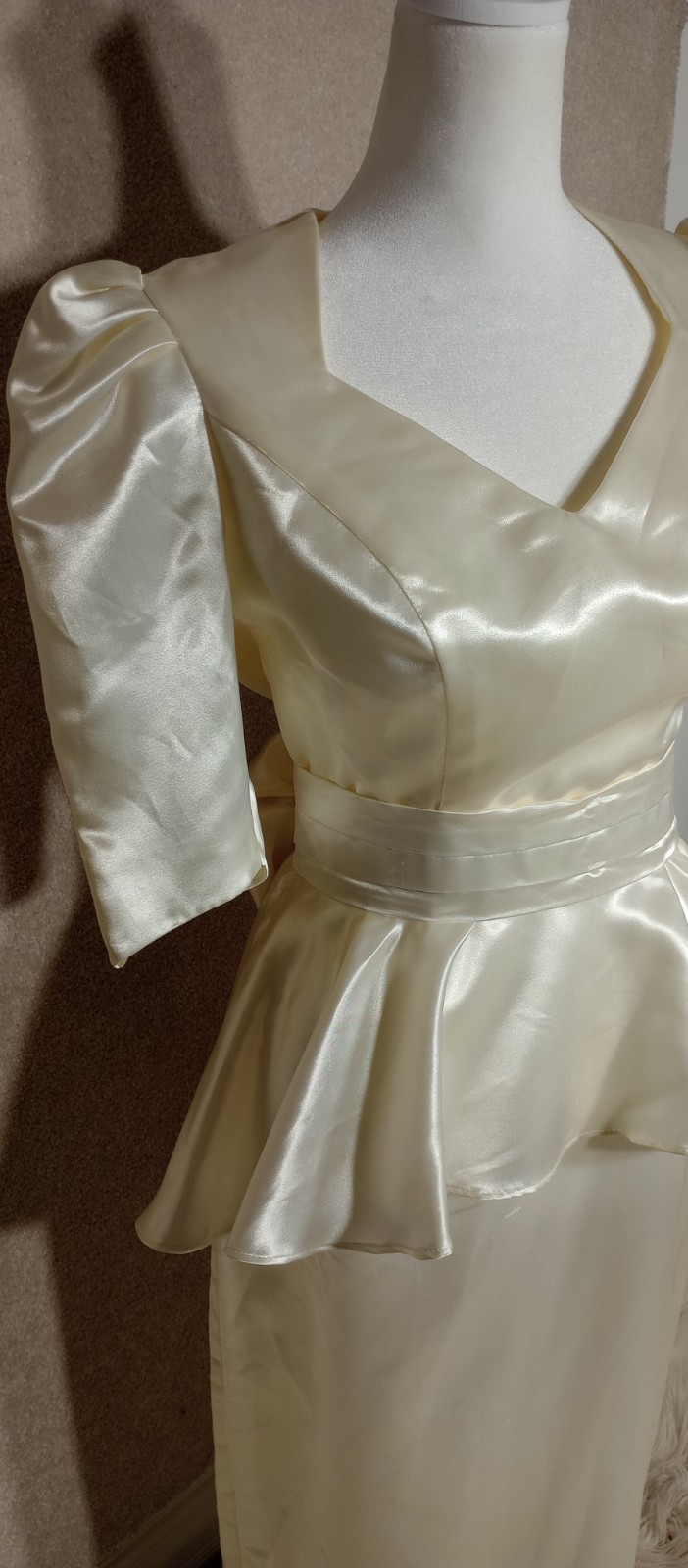 Vtg 80s Nu-Mode Satin Peplum Tea Length Wedding Dress Bow Open Back Size 5 / 6