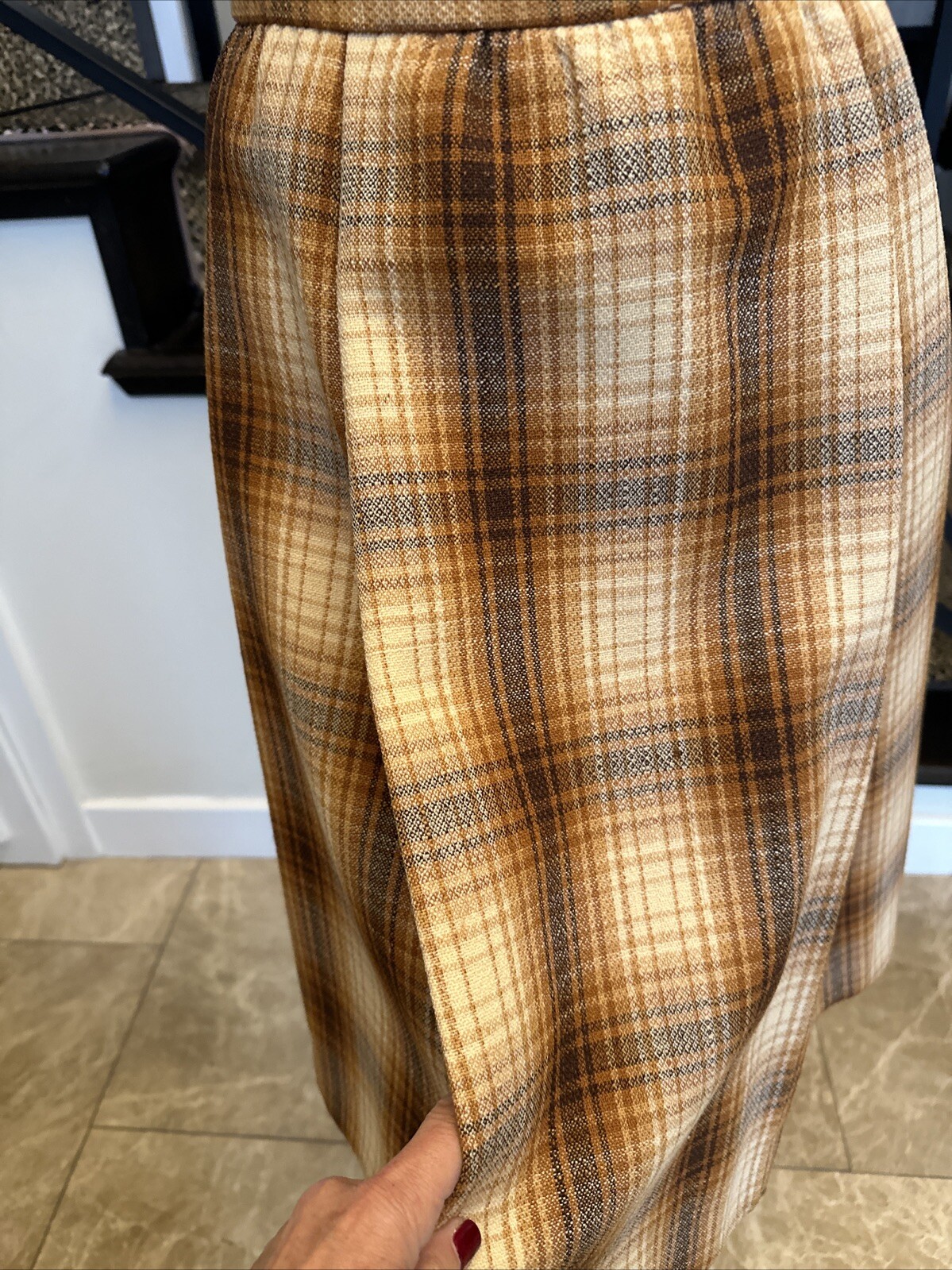 Jacques Tiffeau 60s Brown Tones Wool Blanket Plaid Coat & Pleated Skirt Set S