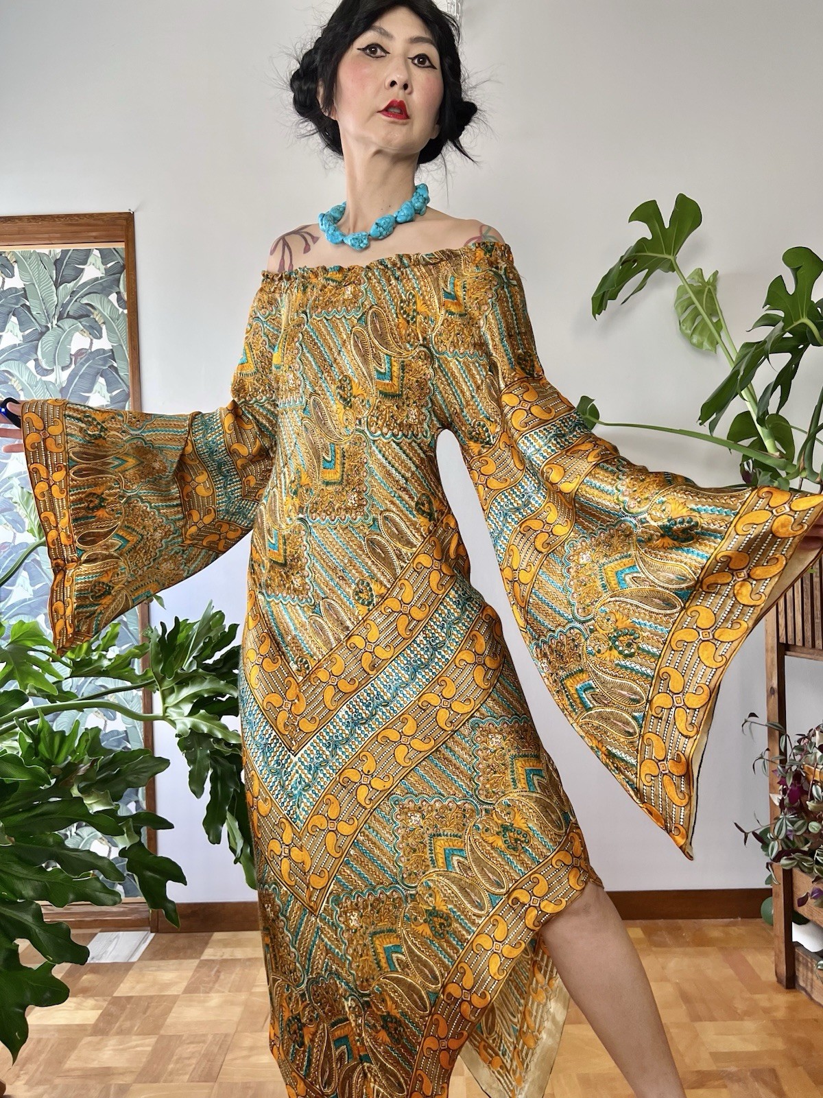 RARE 1960s 70s Psychedelic Chevron Caftan Dress Bias Cut Butterfly Sleeve Boho