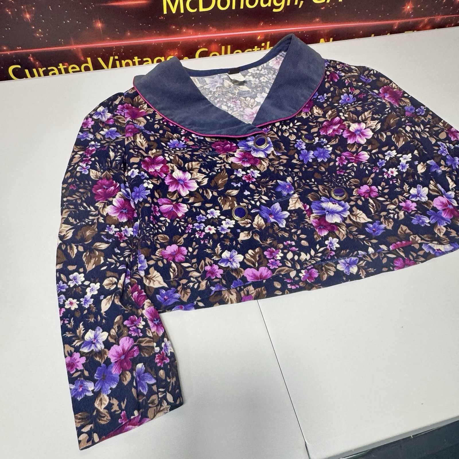 Vtg 1980s Picture Me Floral Cropped Blazer Small USA Cotton Secretary Grannycore
