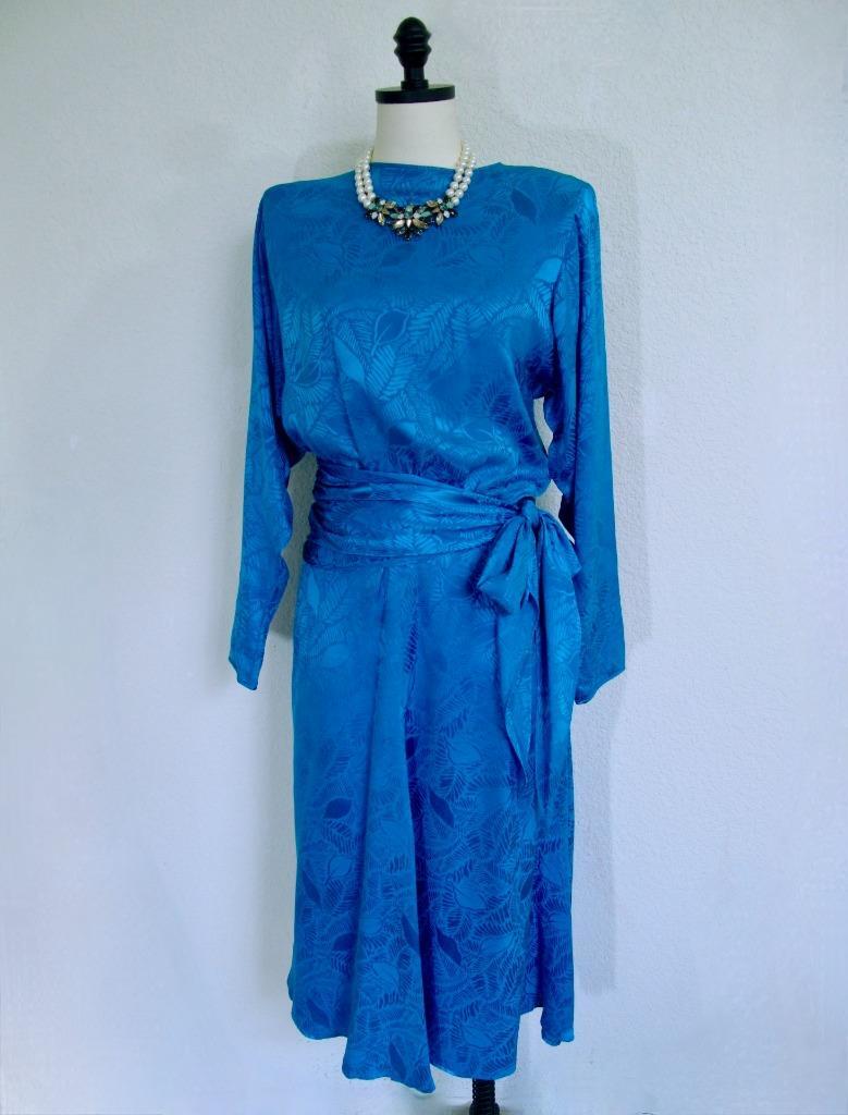 Vintage 80s Jerry Regenbogen Silk Dress 6 Sapphire Blue Sash Wrap Retro Glam