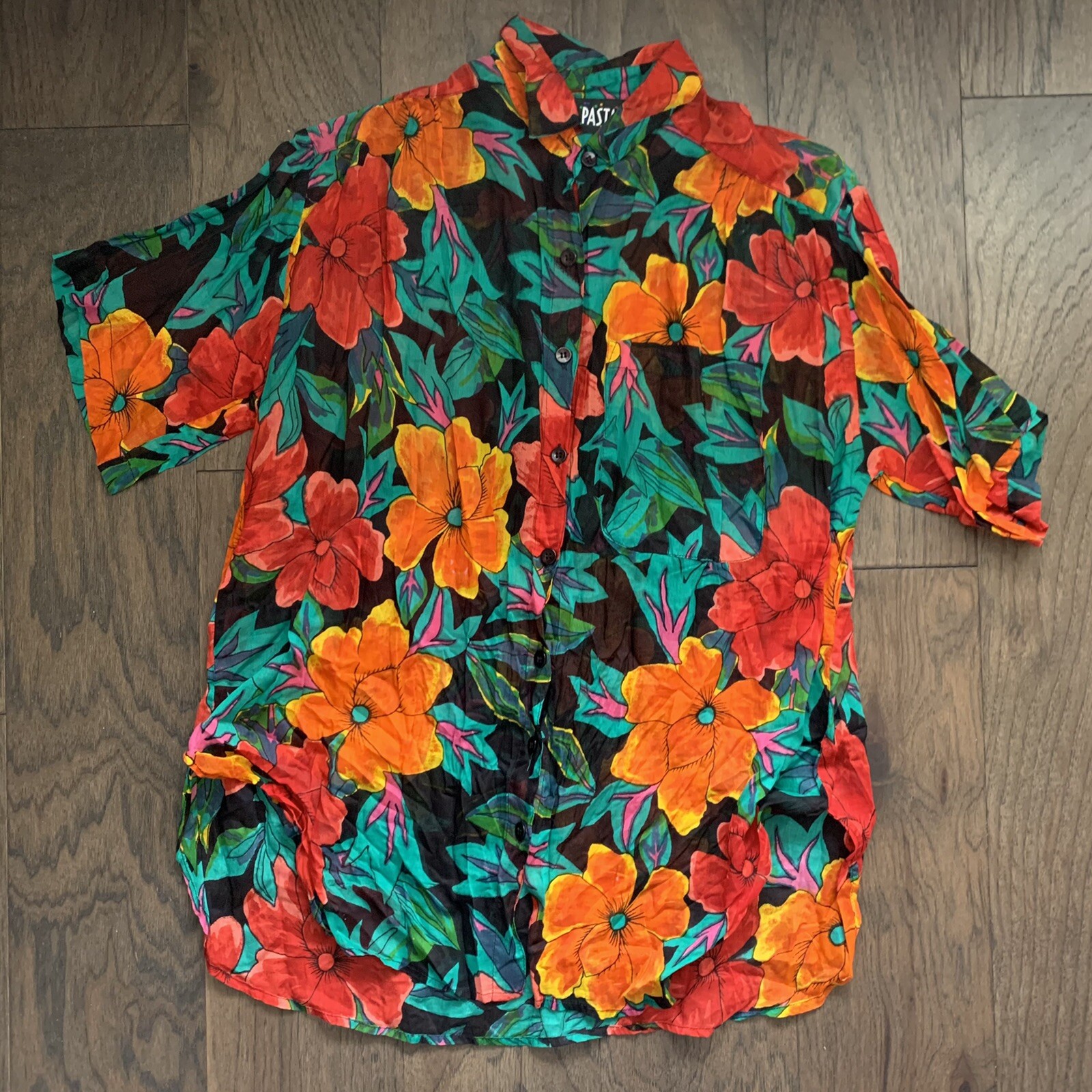 VTG 90s Bright Loud Floral Tropical Button Up Shirt Semi Sheer Blouse Womens S