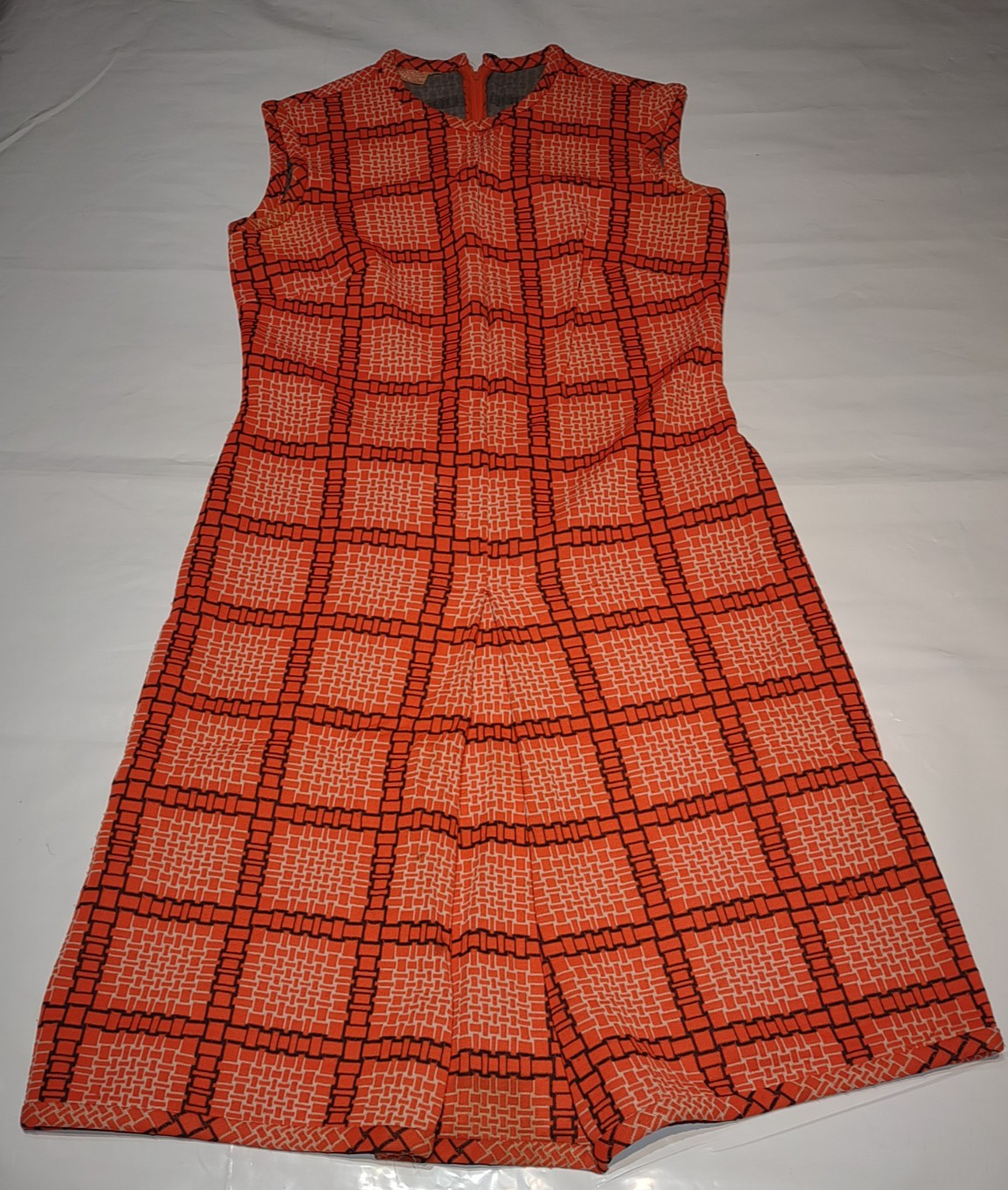 Vintage sleeveless minidress 1970s Handmade,orange/black/white square geome