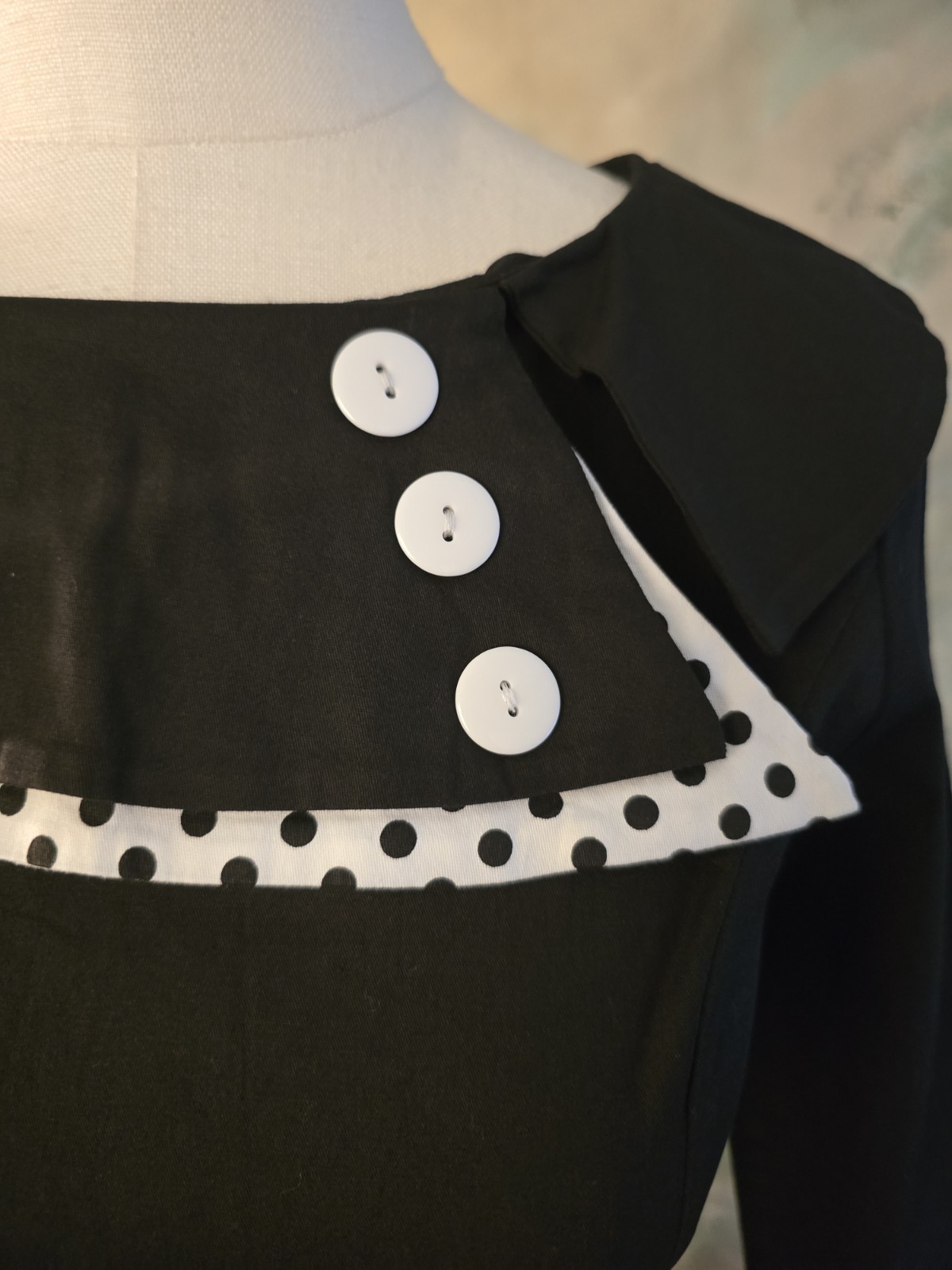 Vintage Style Rockabilly Swing Dress Black White Polkadot Accents S