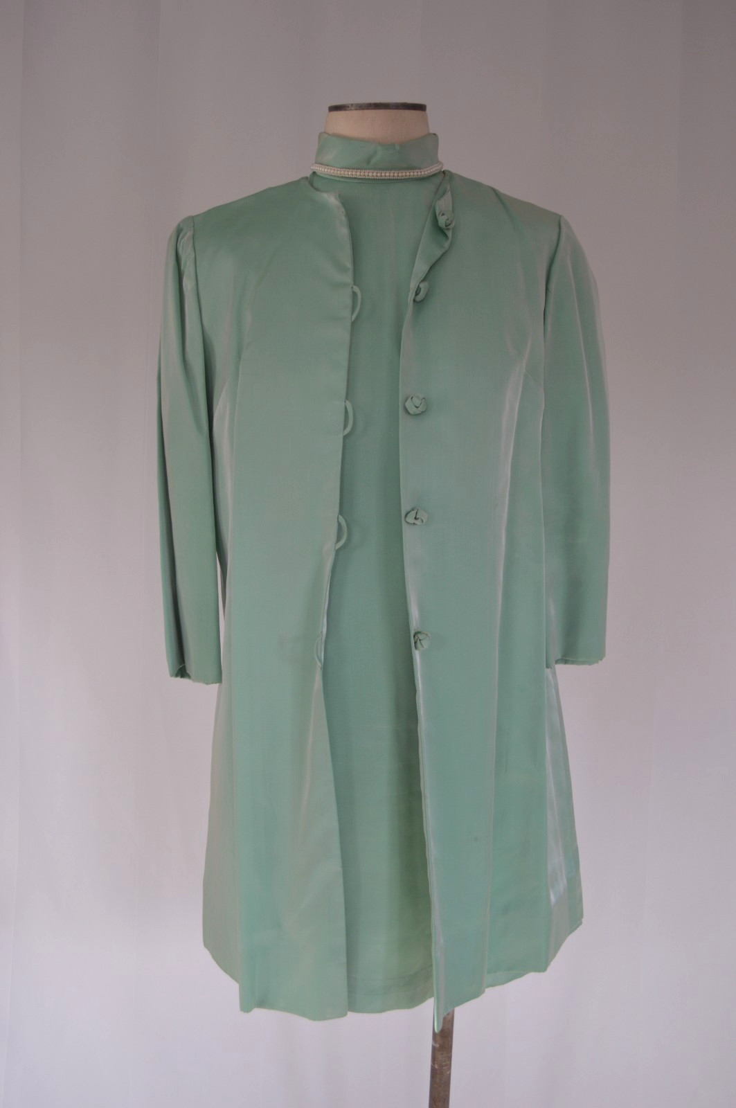 Womens Vintage 1960s Mint Evening Cocktail Sheath Mini Dress With Matching Coat