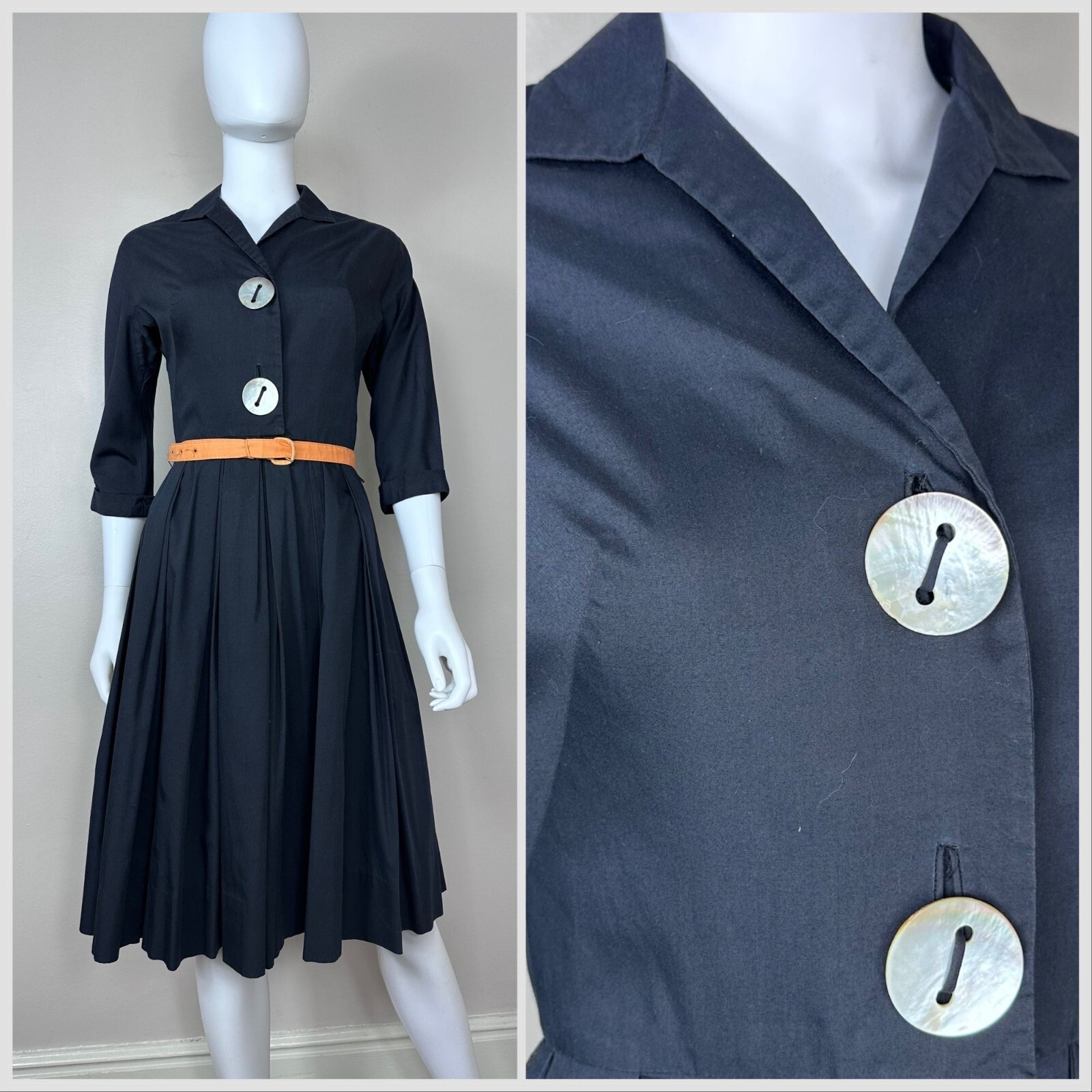 Vintage 1950s Black Fit and Flare Shirt Dress, Giant Buttons 50s L’Aiglon