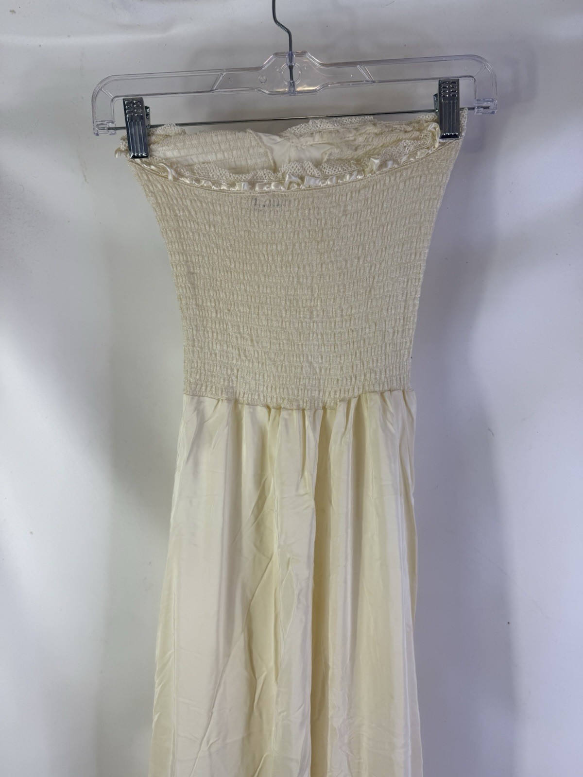 Vintage 70s Coquette Sheer Nylon Smocked Negligee Slip Dress Gown Strapless Smal