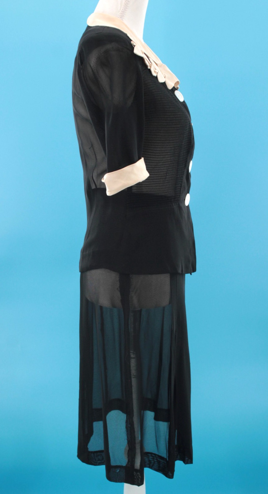 VTG Women’s 30s 2 Pc Black & Cream Trim Sheer Dress Set Sz S 1930s Dress Suit