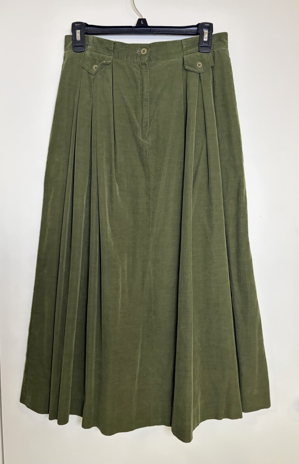 Vtg Susan Bristol Army Green Corduroy Long Length Skirt Made In Hong Kong Preppy