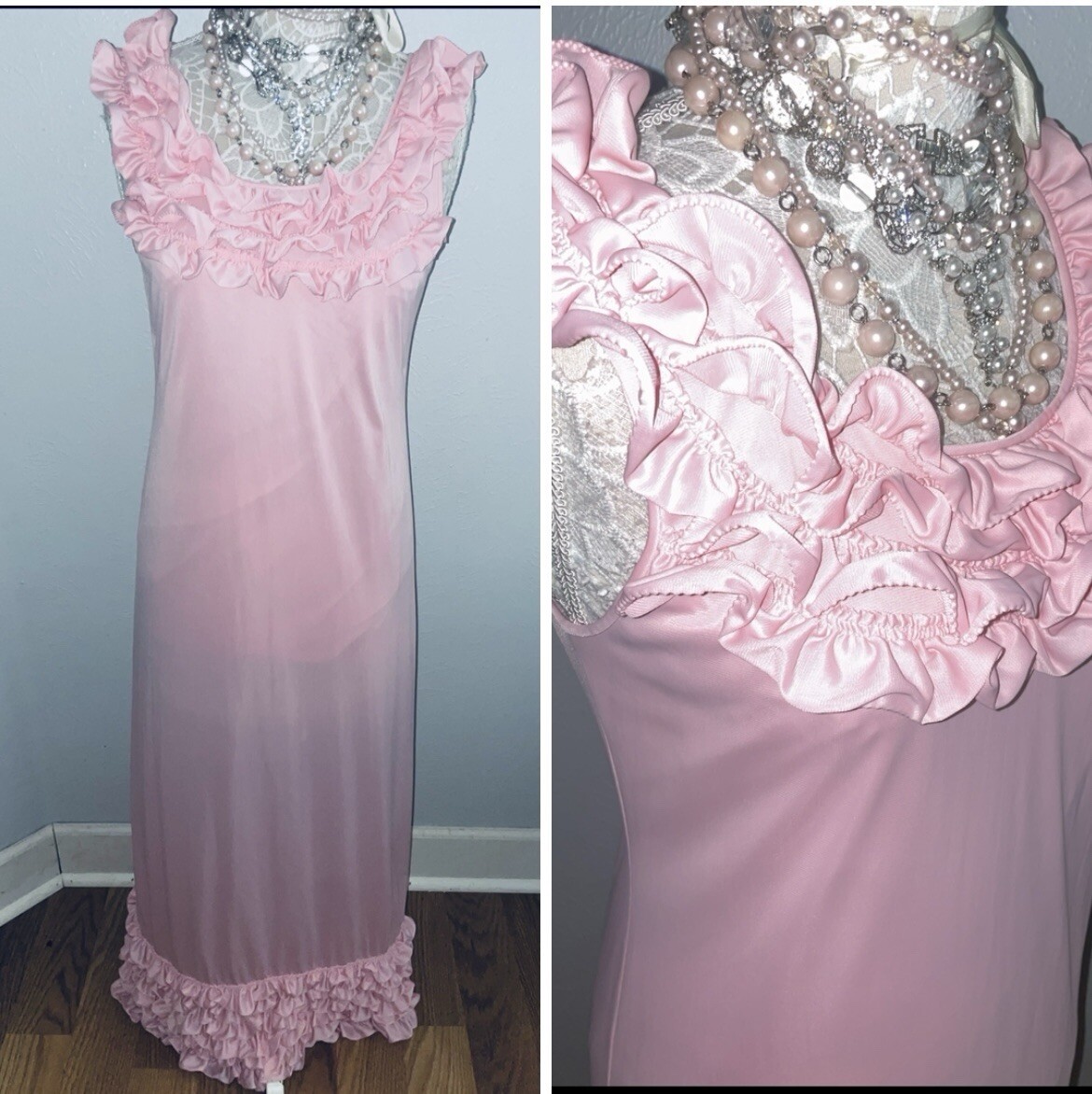 Vtg Sissy PINK Gown Nylon Maidenform Woman’s M TONS of RUFFLES Long Nightgown