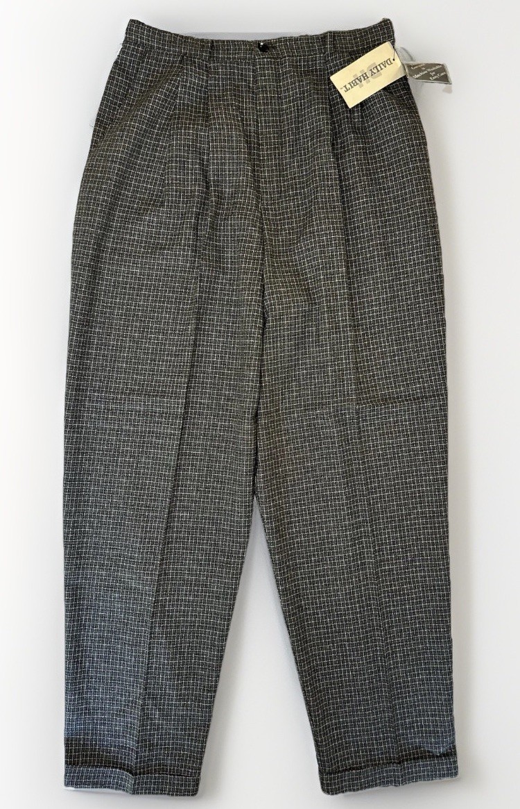 NOS VTG Grey Plaid Check High Waist Baggy Pleats Annie Hall Keaton Pants 28×28.5