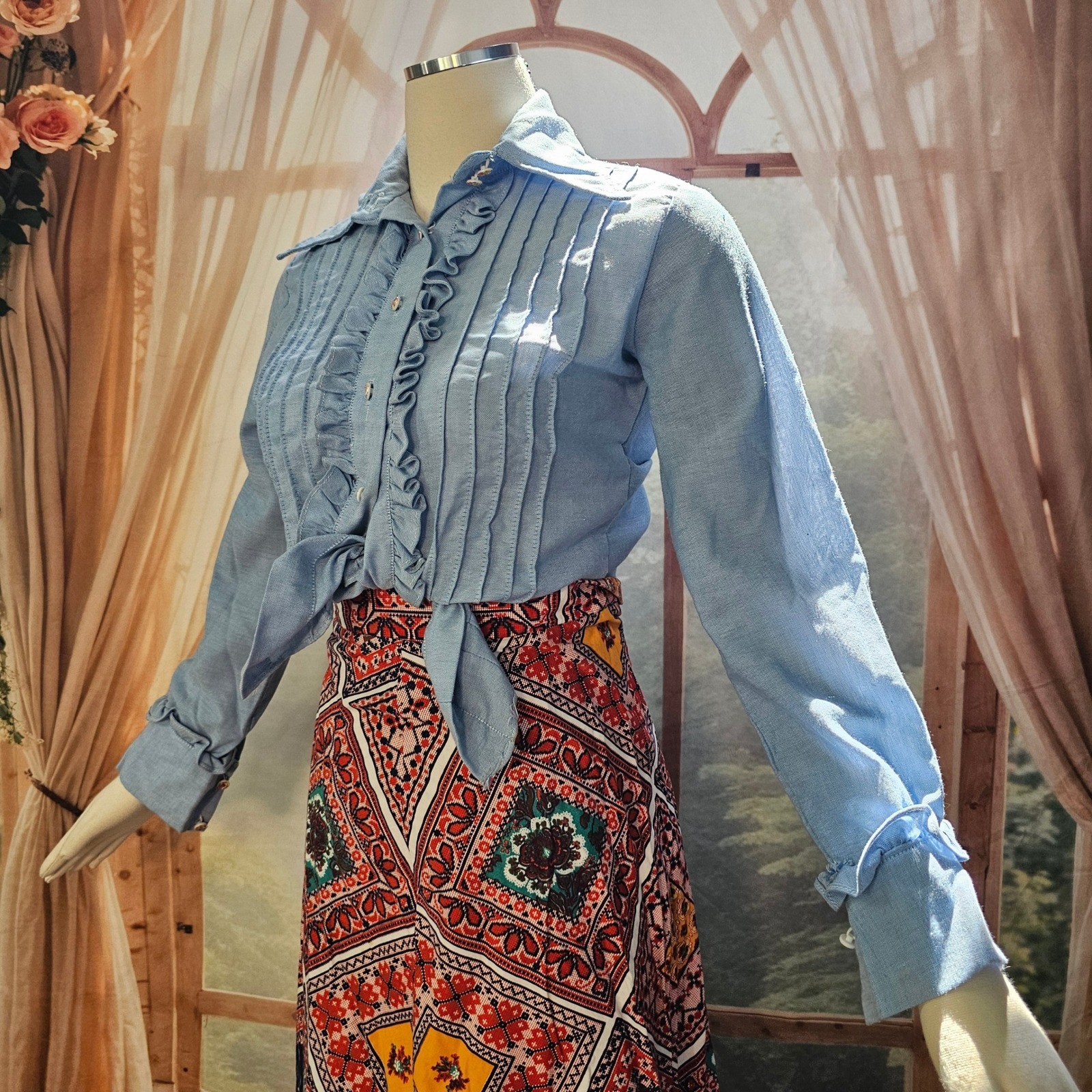 Vintage 1970s Light Blue Ruffled Tuxedo Blouse Pintuck Top Pointed Collar