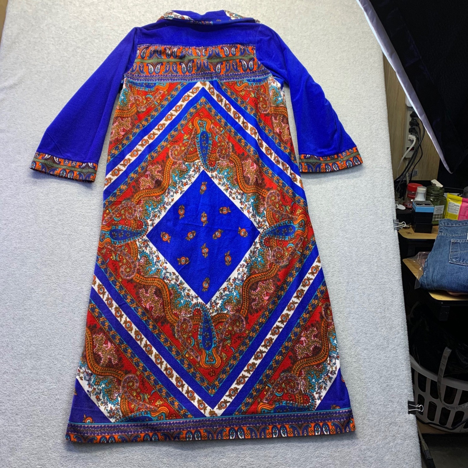 Vtg Plaza 9 Blue Psychedelic Paisley Geometric Velour Robe House Dress 70s Sm/Md