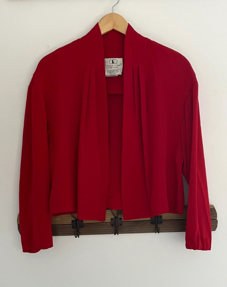 Flora Kung Bergdorf Goodman Vintage Red Silk Jacket Open Front Blazer Lagenlk 6