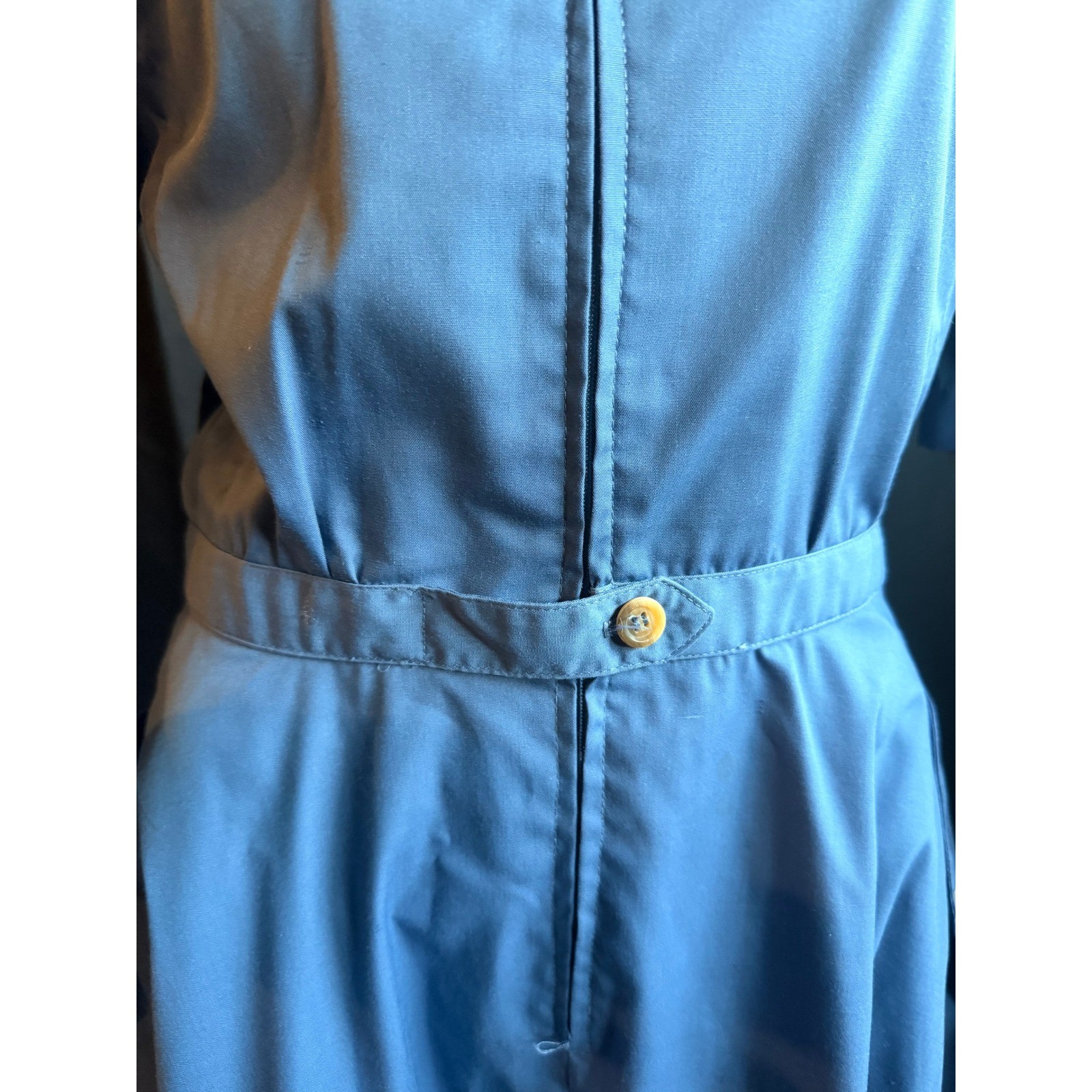Vintage Blue Zip Front Midi Dress Short Sleeve Utility Workwear Pockets Retro