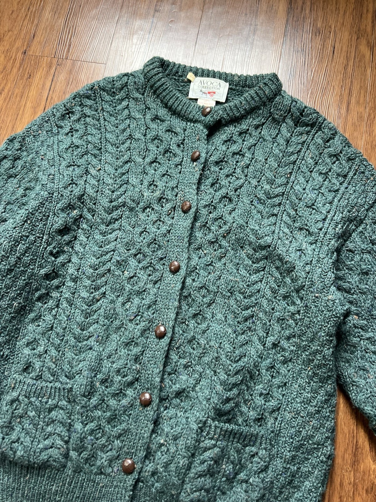 Vintage Avoca Collection Sweater Cardigan Large Green Wool Chunky Button Ireland