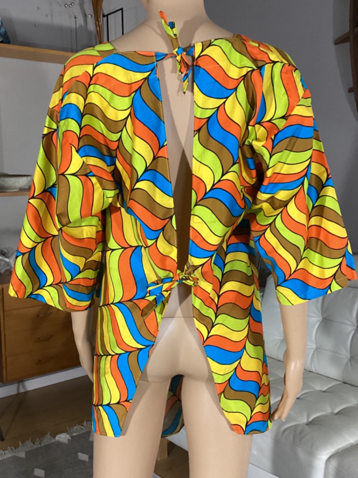 Vintage 1970s Womens Psychedelic MCM Smock Open Back Top Sz M