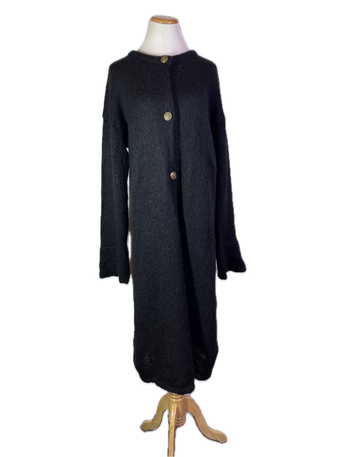 Vintage 1980s Accent On You 2X Black Fuzzy Knit Long Duster Cardigan Coat *Flaw
