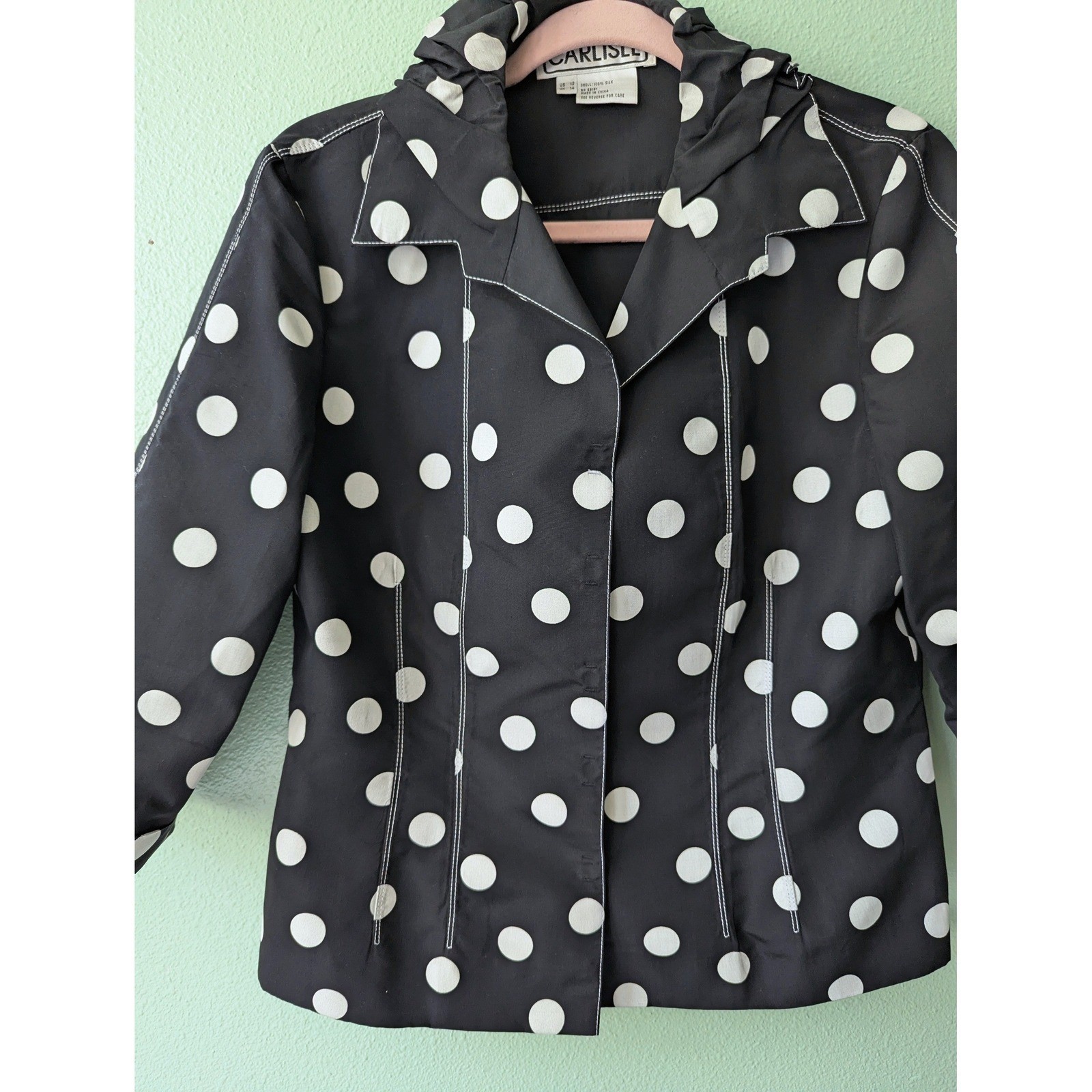 Vintage 90s Carlisle 100% Silk Polka Dot Jacket Black White Ruffle Collar