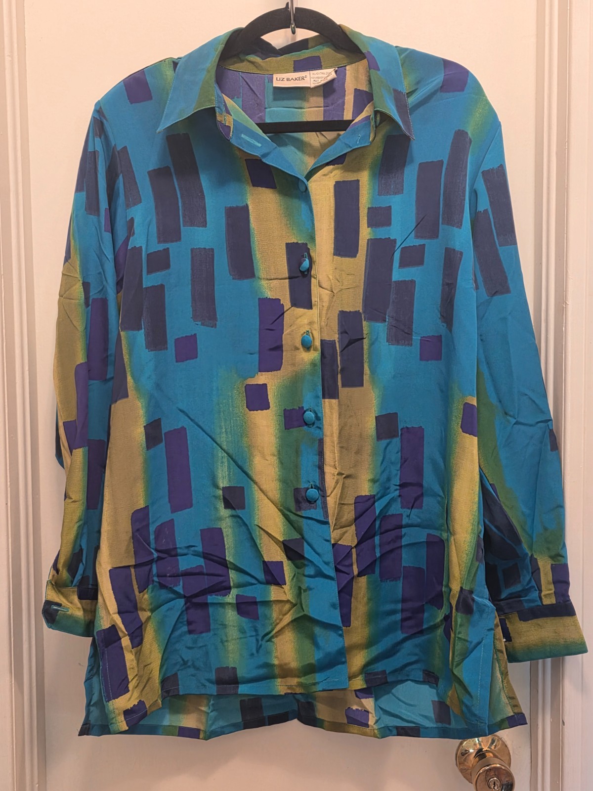 Vintage 90s Liz Baker Abstract Geometric Blouse XL Blue Green Art to Wear Retro