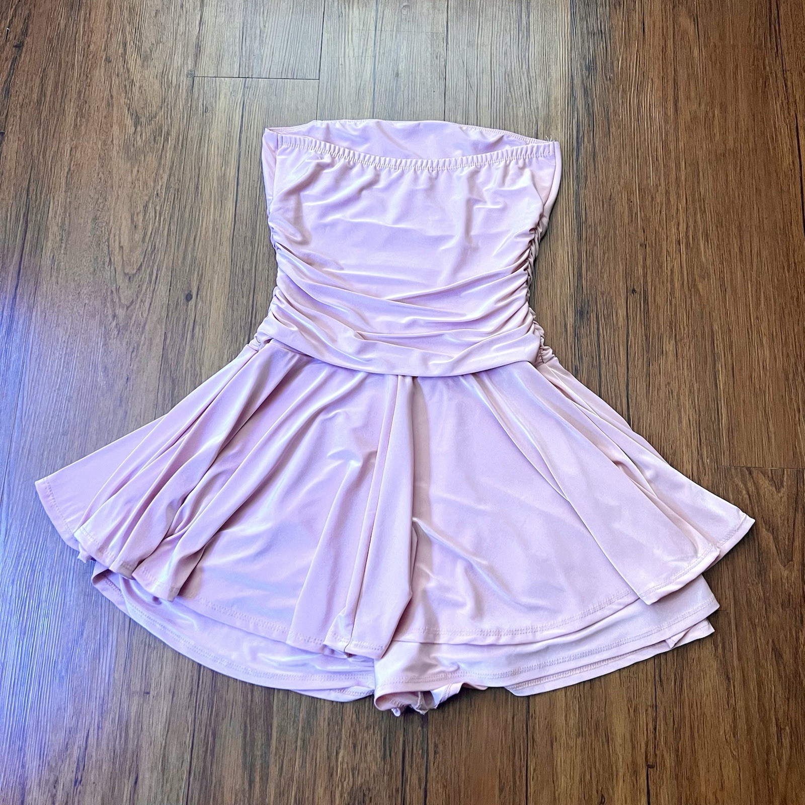 Vintage Y2K Tube Dress Large Pink Ruched Skort Shorts Flare Club Cyber Rave