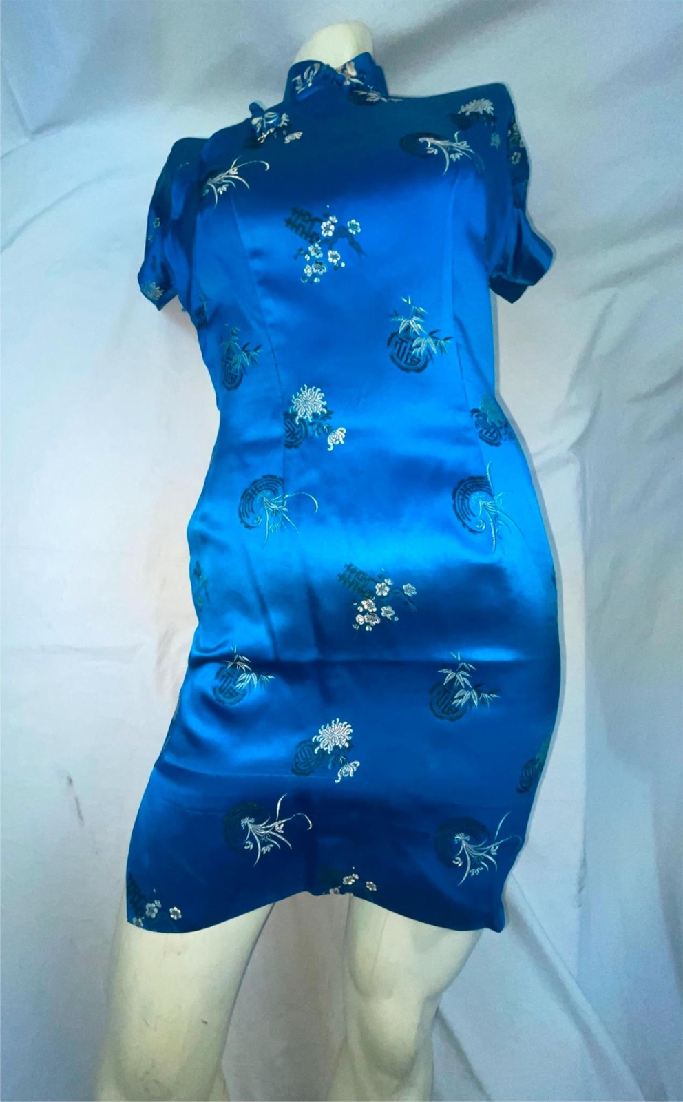 VTG 60S WOMENS S BLUE ASIAN ORIENTAL SHORT MINI SATIN SILK QIPAO CHEONGSAM DRESS
