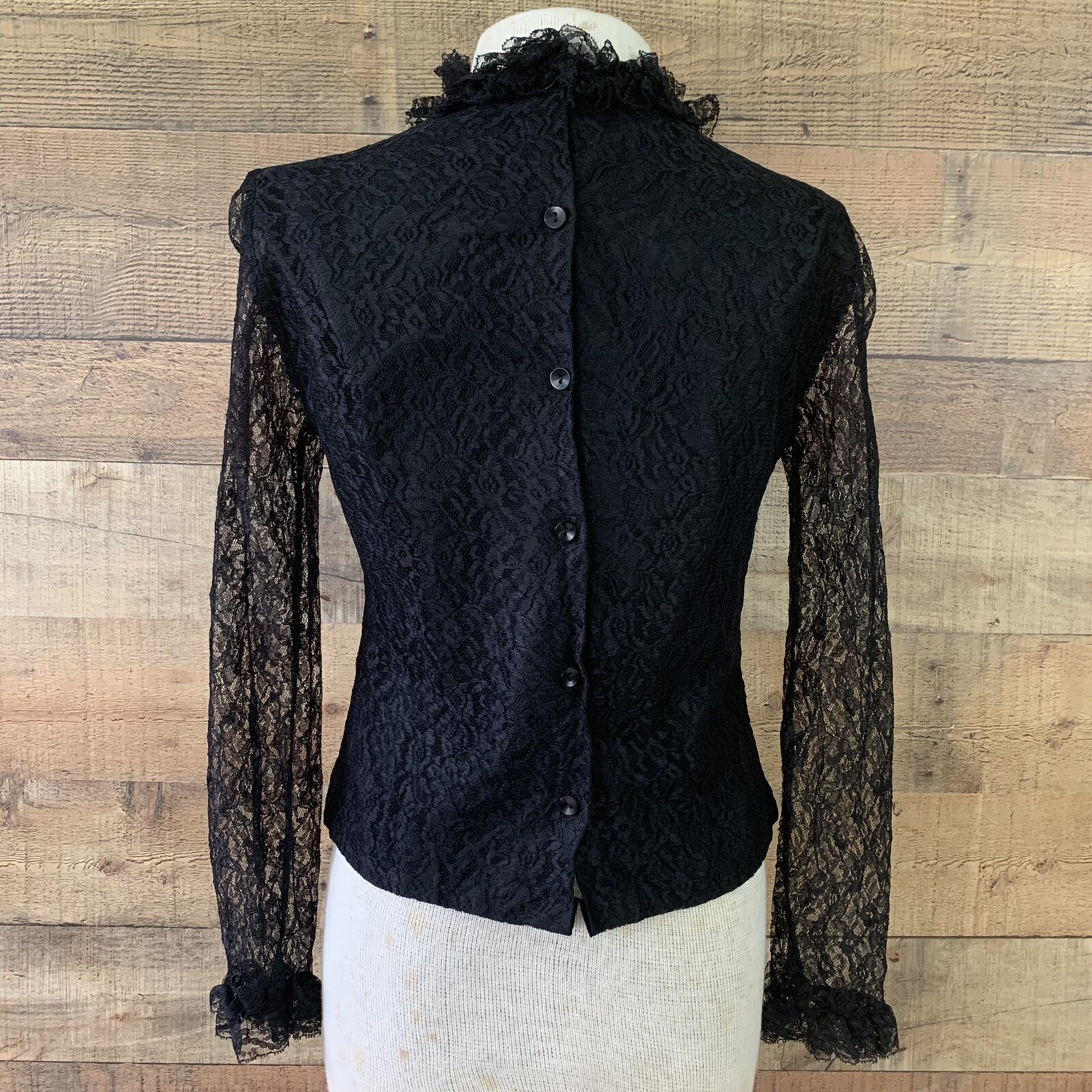 Vintage 1960’s Mod Black Lace Back Button Ruffled Lace Blouse Size S/34