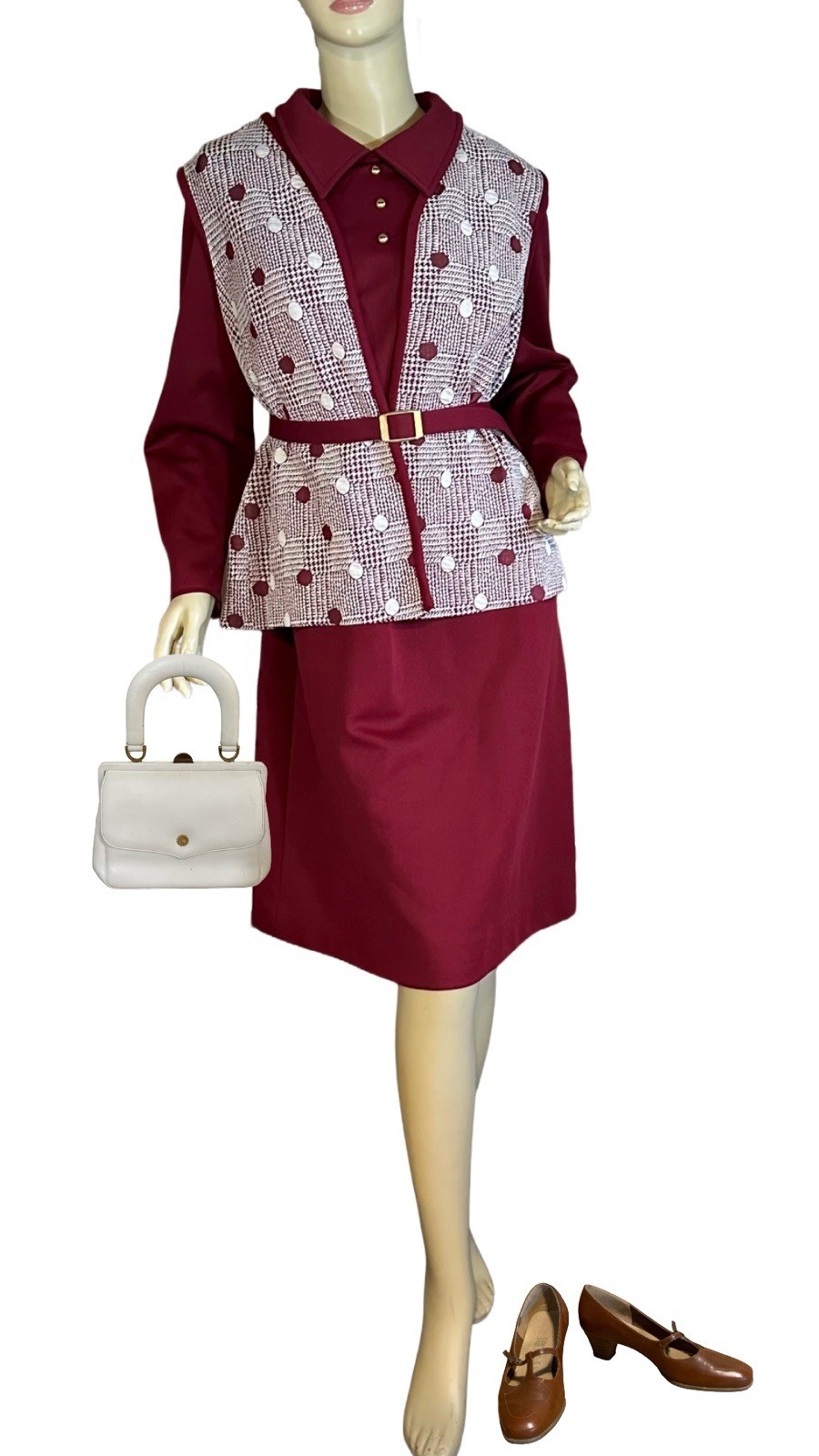 VINTAGE CIRCA 1970’S LADY LAURA BURGUNDY SHIFT DRESS & VEST SET SZ 18