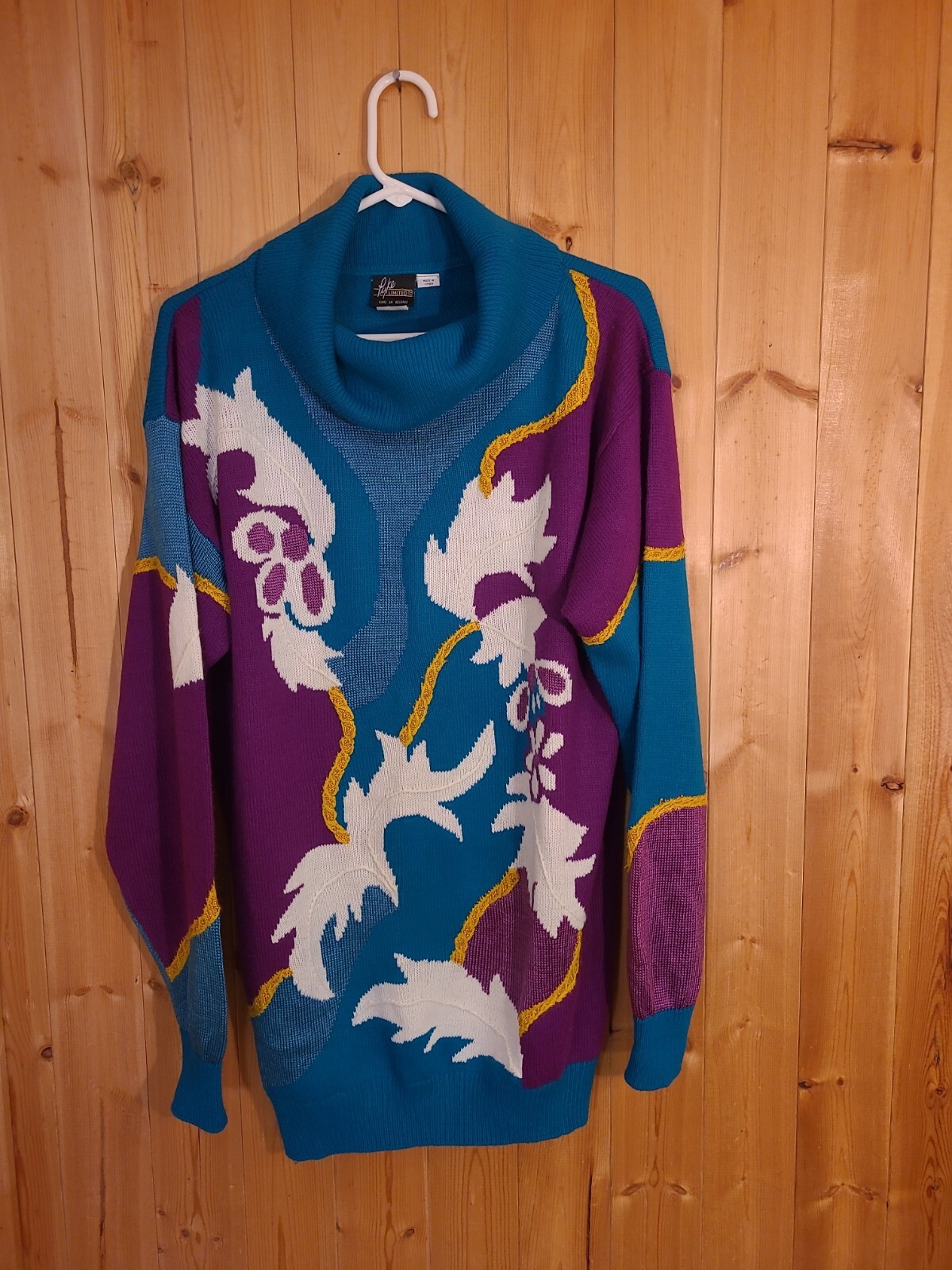 Vintage 80’s Sweater Purple Turquoise Women’s Size L Pyke Limited Bright Bold