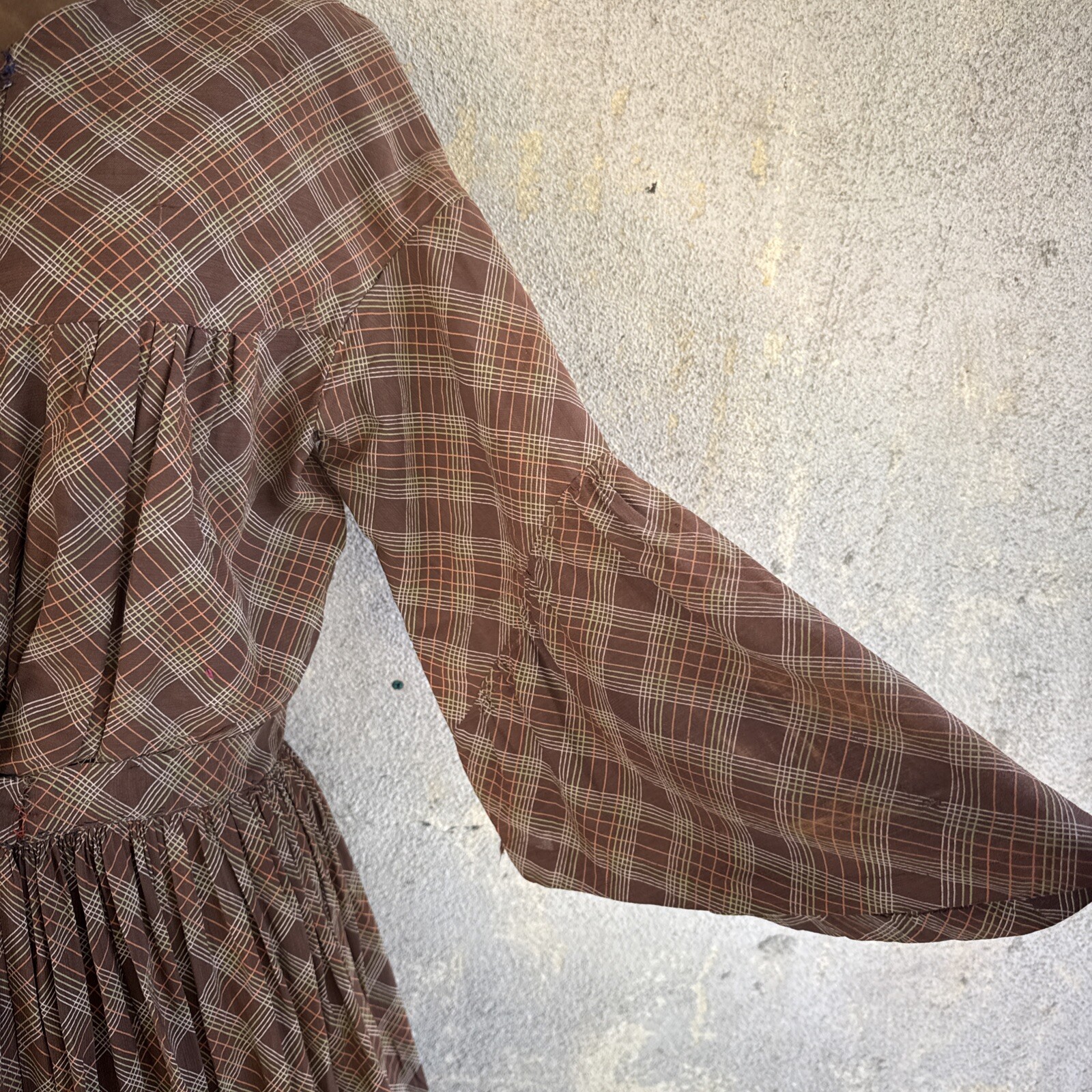 Vintage 1930s Brown Green & Orange Plaid Linen Dress Maxi Bell Sleeves Wooden