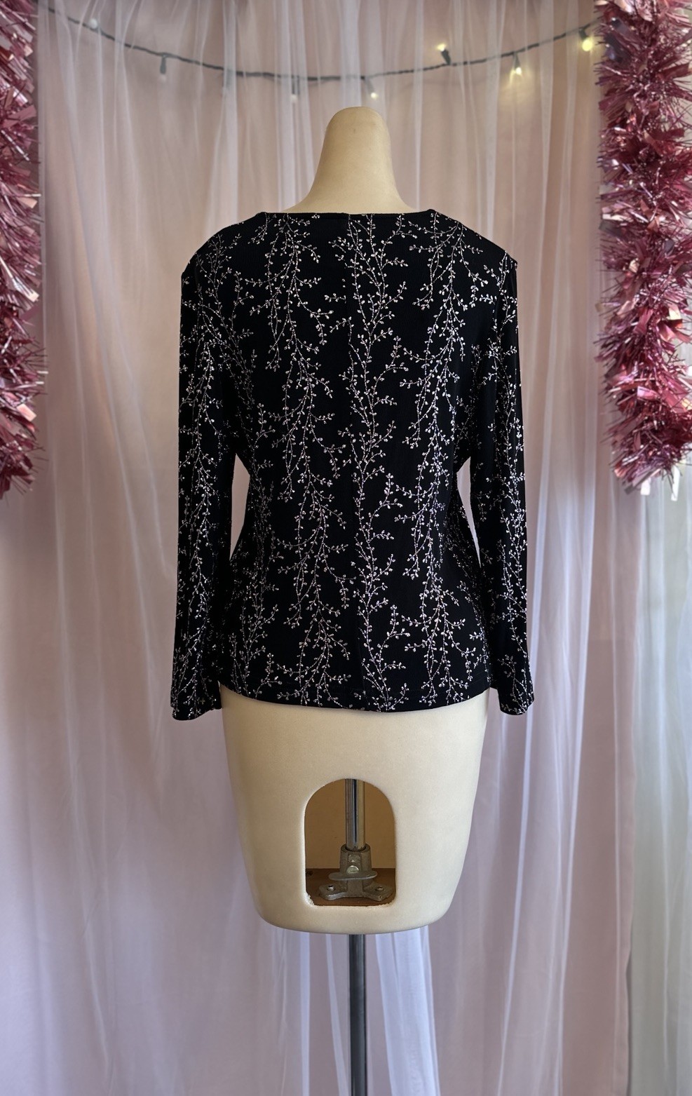 Vintage 90s Glitter Fairy Top Blouse Shirt Black Stretchy Whimsy Goth Grunge M/L