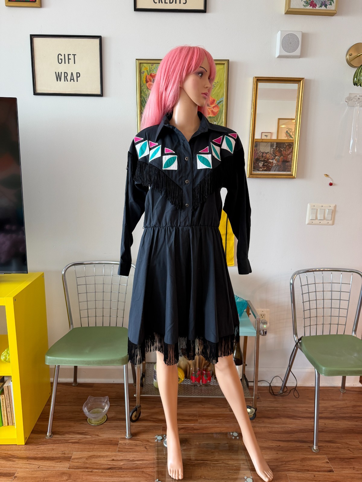 🤠 Vtg 80s does 50s Western Square Dance Cowgirl Fringe Shirtwaist Party Dress M