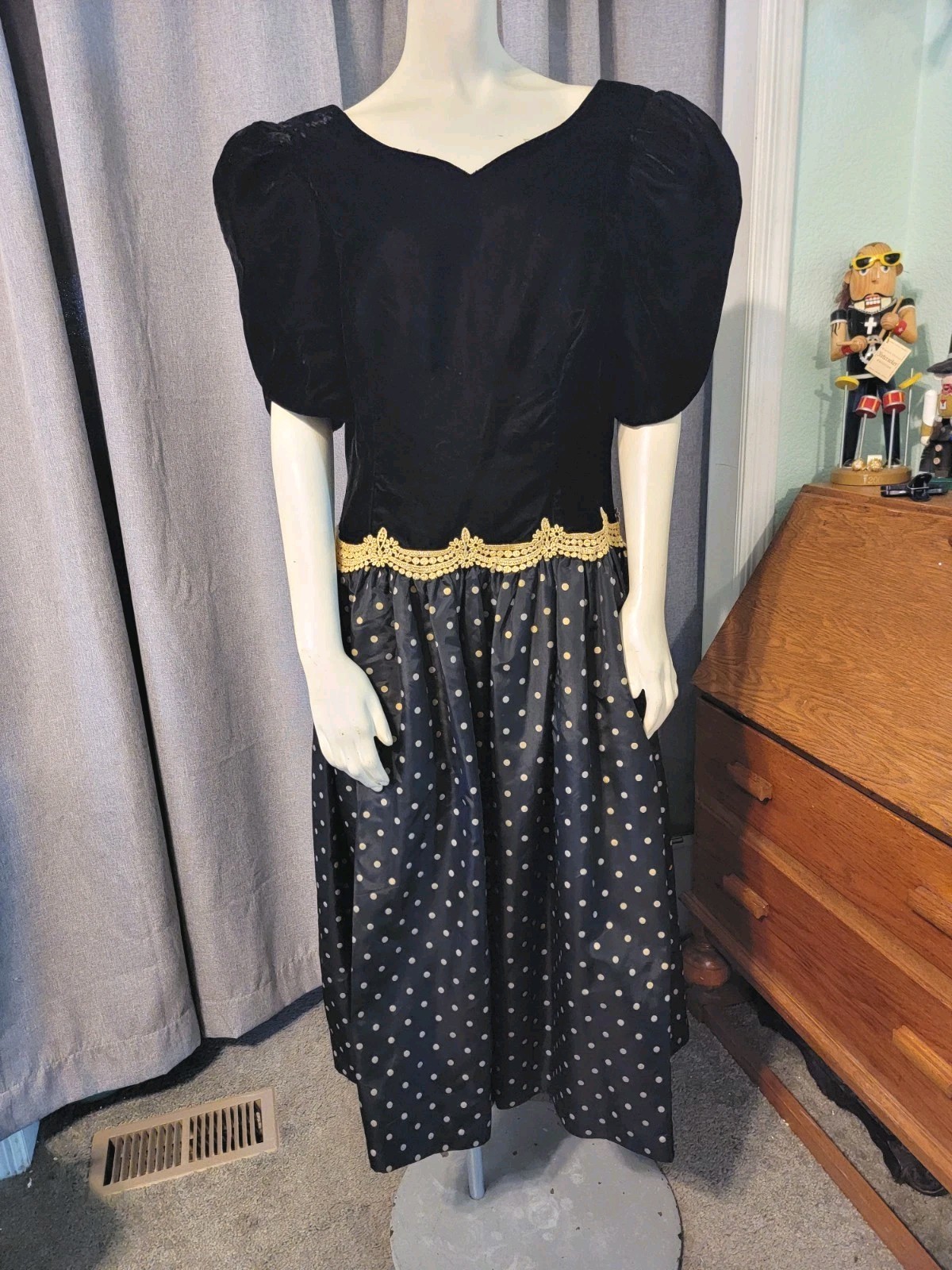 Vtg 80s Fairygoth Expo Night Black Velvet Gold Polka Dot Taffeta Festival Sz 14