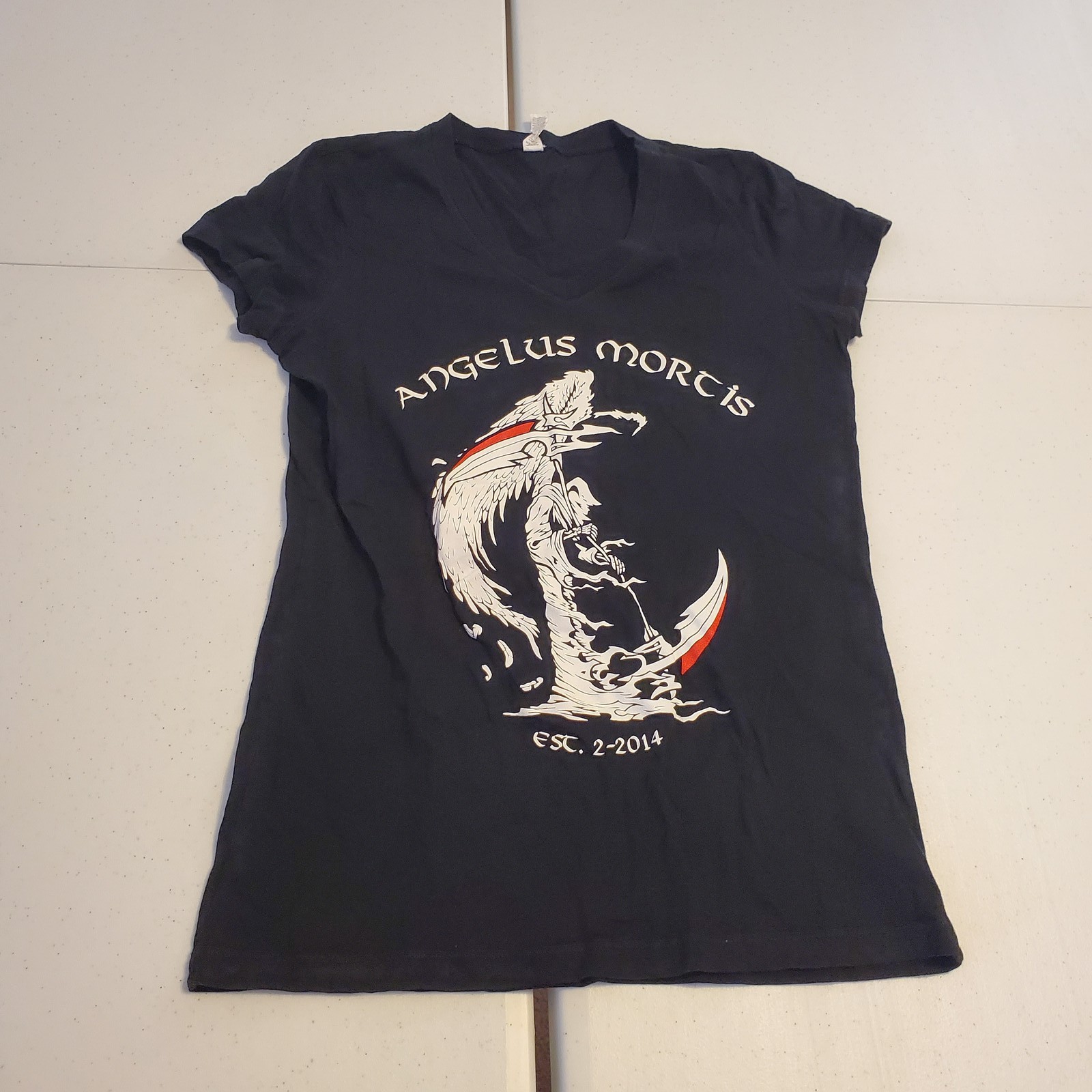 Bella Canvas Women’s Black Angelus Mortis Graphic V-Neck T-Shirt Size M EST 2014