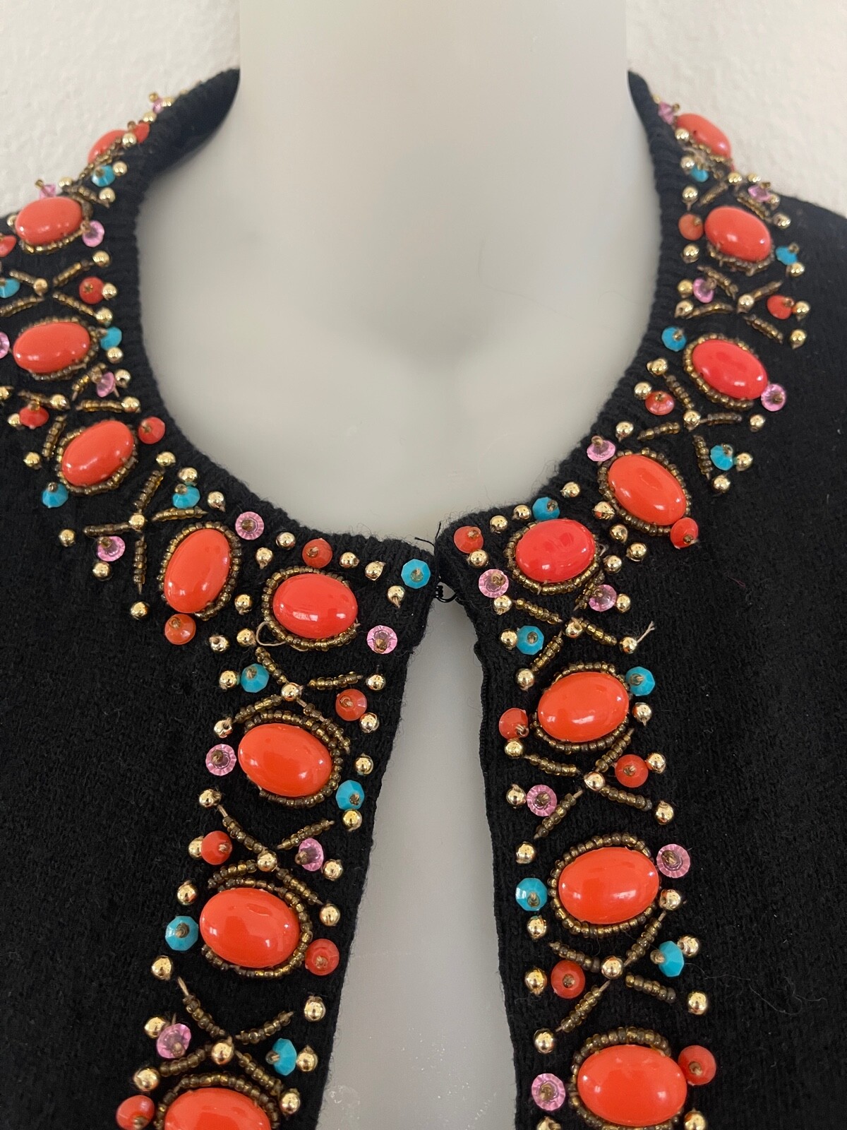 CERVELLE Sweater Beaded Embellished Open Cardigan Ramie Cotton Black Vintage L