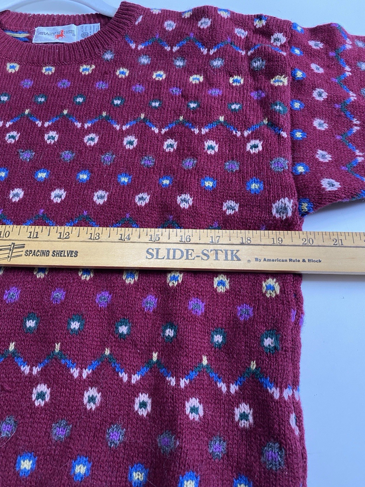 Vintage Crazy Horse M 100% Wool Oversized Sweater Burgandy Print