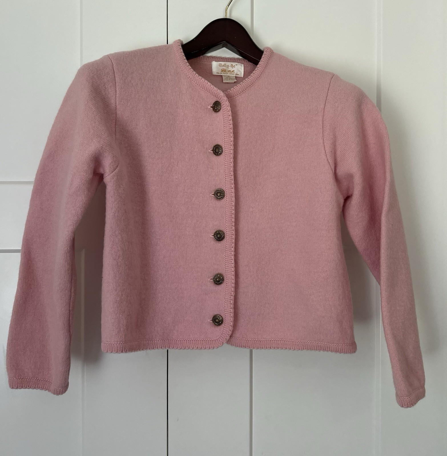 Vintage Tally Ho 100% Thick Boiled Wool Knit Pink Cardigan Sweater Button XL