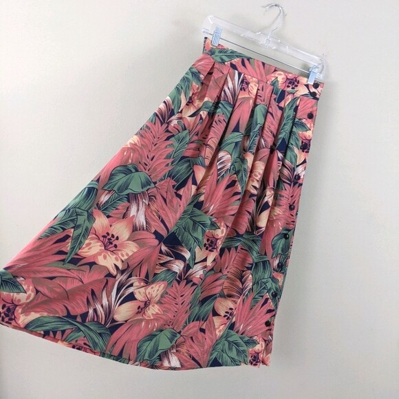 Vintage tropical print 100% rayon skirt Lee David ltd size 6 coral pink floral