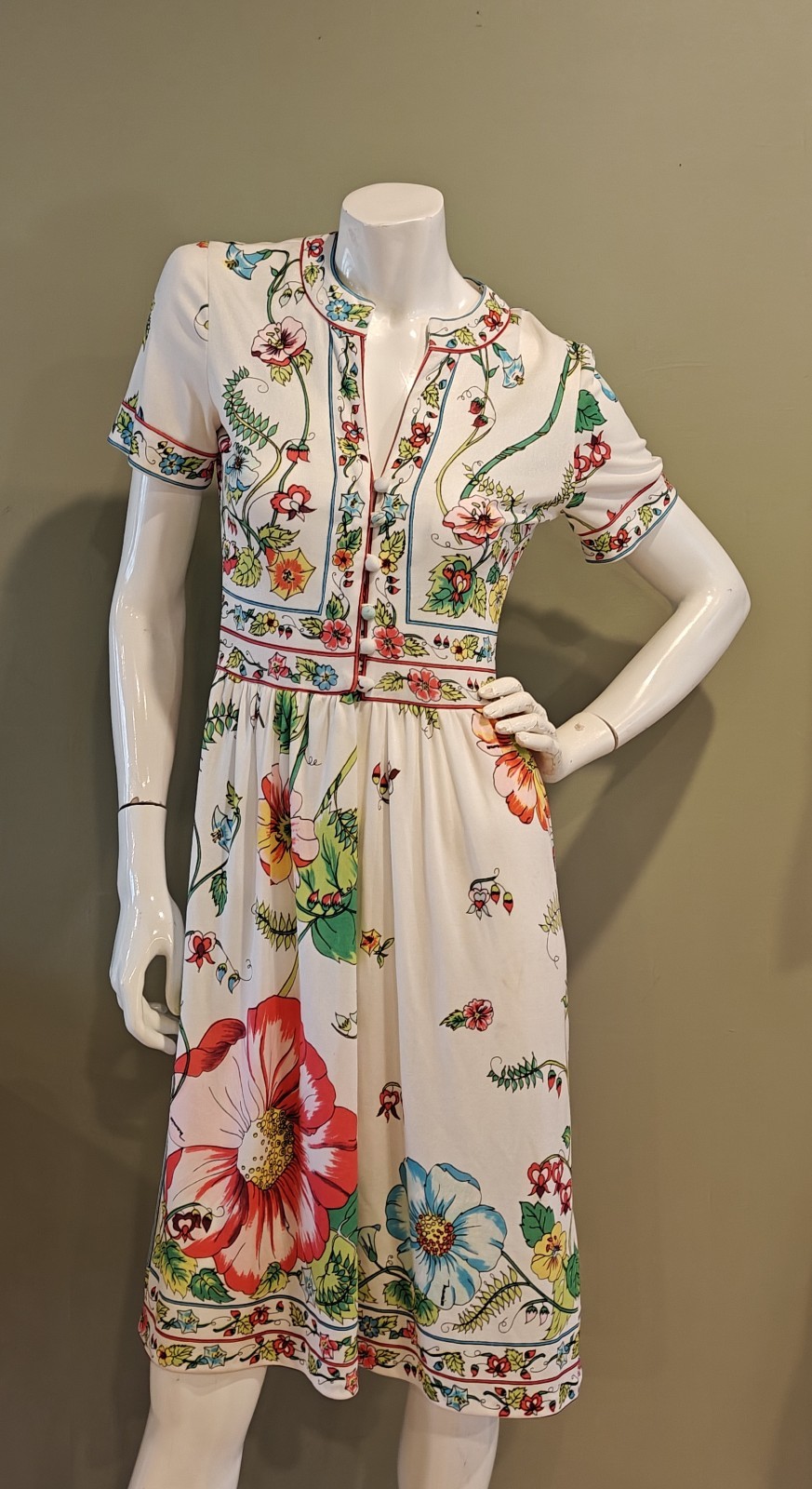 Vintage 1970s Maurice by C. Rizza White Multi Floral Nylon Dress