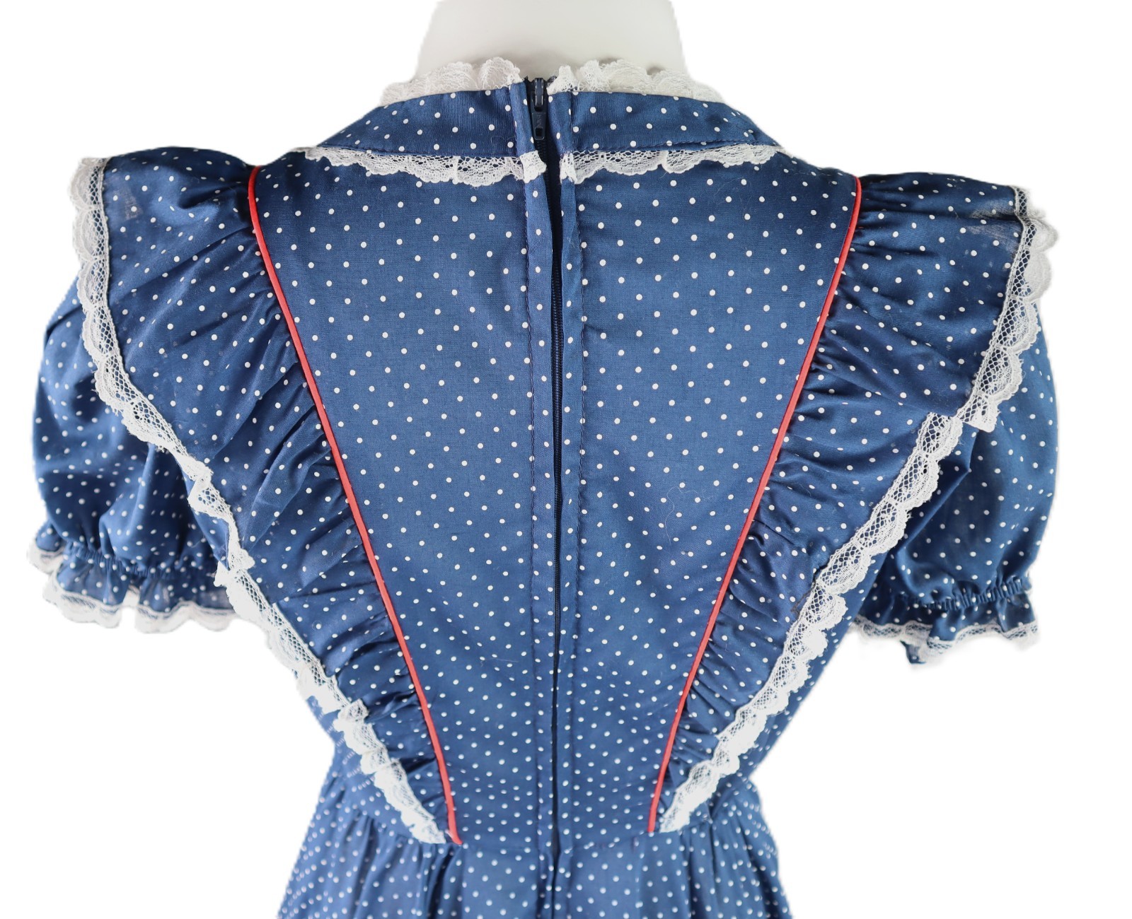 VTG 60s Jeri Bee USA 0 XS Square Dance Prairie Lace Polka Dot Knee Dress Blue