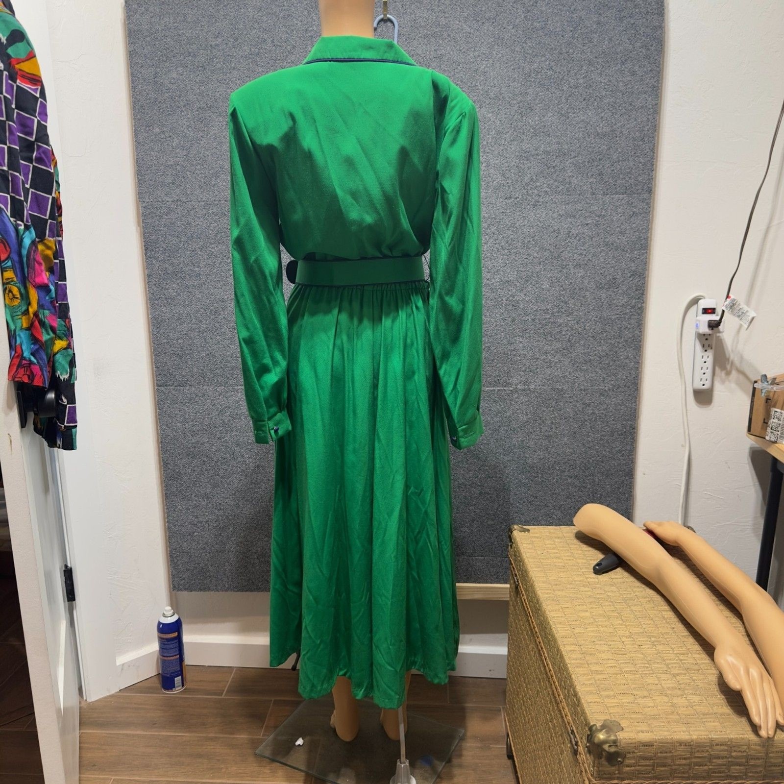 Vintage Lindsay Scott Green Midi Dress Belted Blue Trim S/M