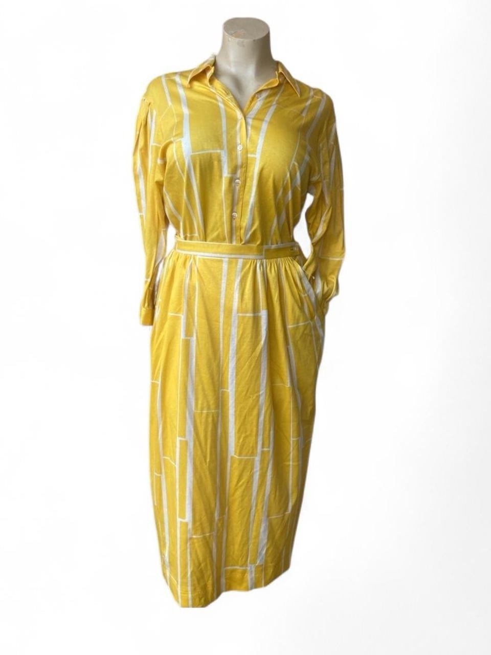 Vintage 70s/80s Jaeger London Yellow Skirt, Blouse Set W/Pockets Size 14