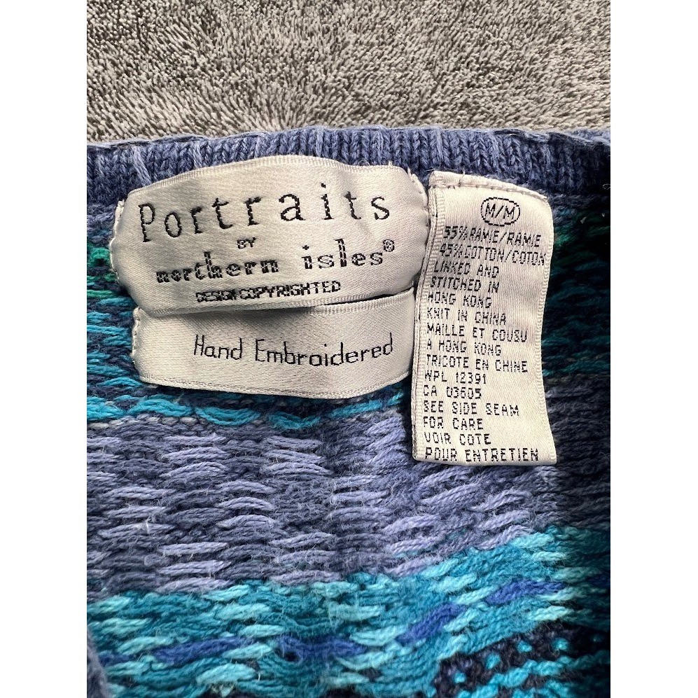 Portraits Northern Isles Vintage Blue Patchwork Floral Knit Sweater Vest Medium