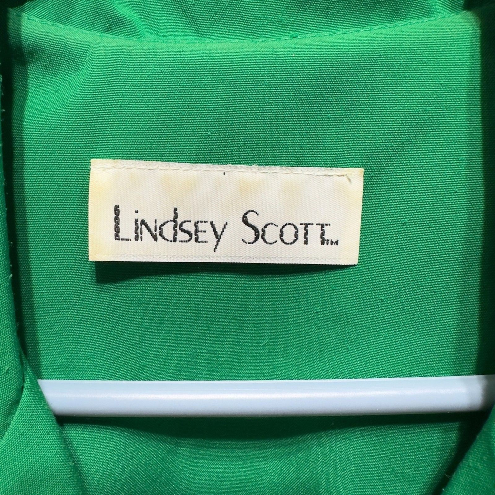 Vintage Lindsay Scott Green Midi Dress Belted Blue Trim S/M